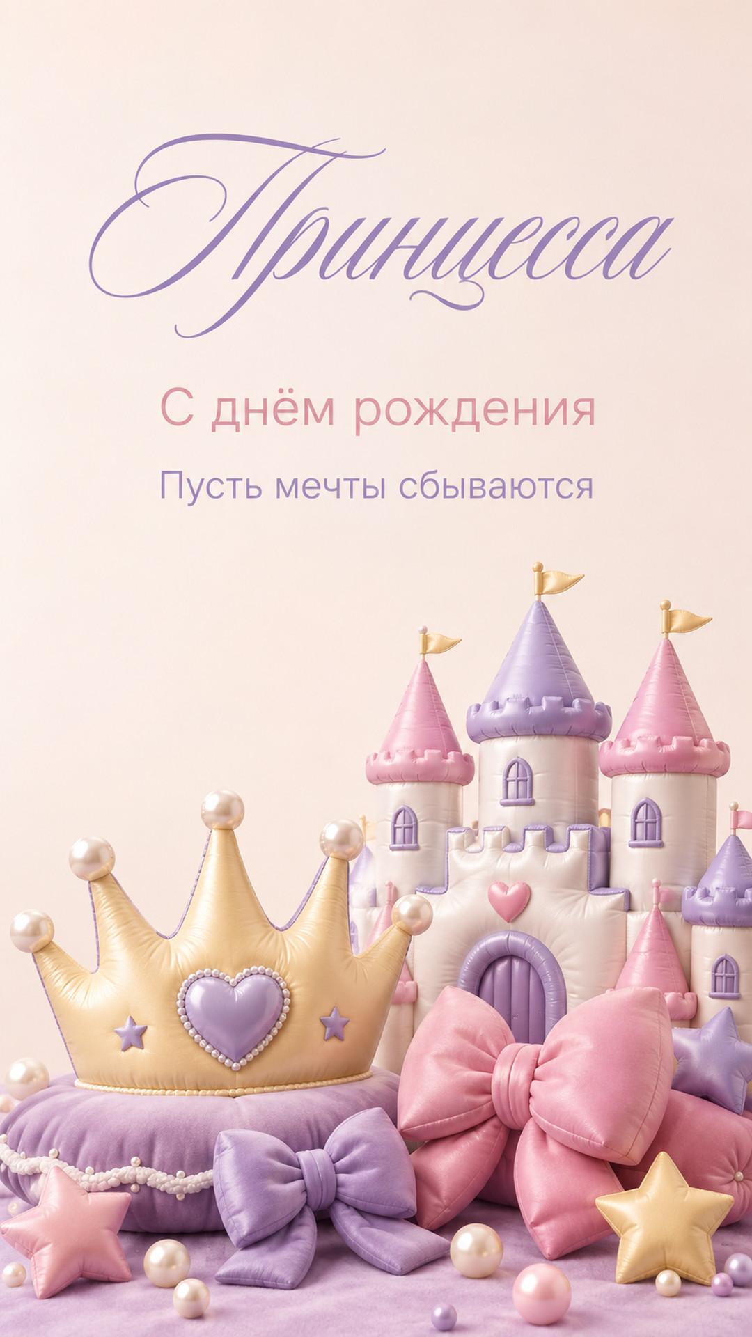 Открытка «Принцесса: С днём рождения»: корона, сказочный замок, банты и звёзды. Текст: «Принцесса. С днём рождения. Пусть мечты сбываются».