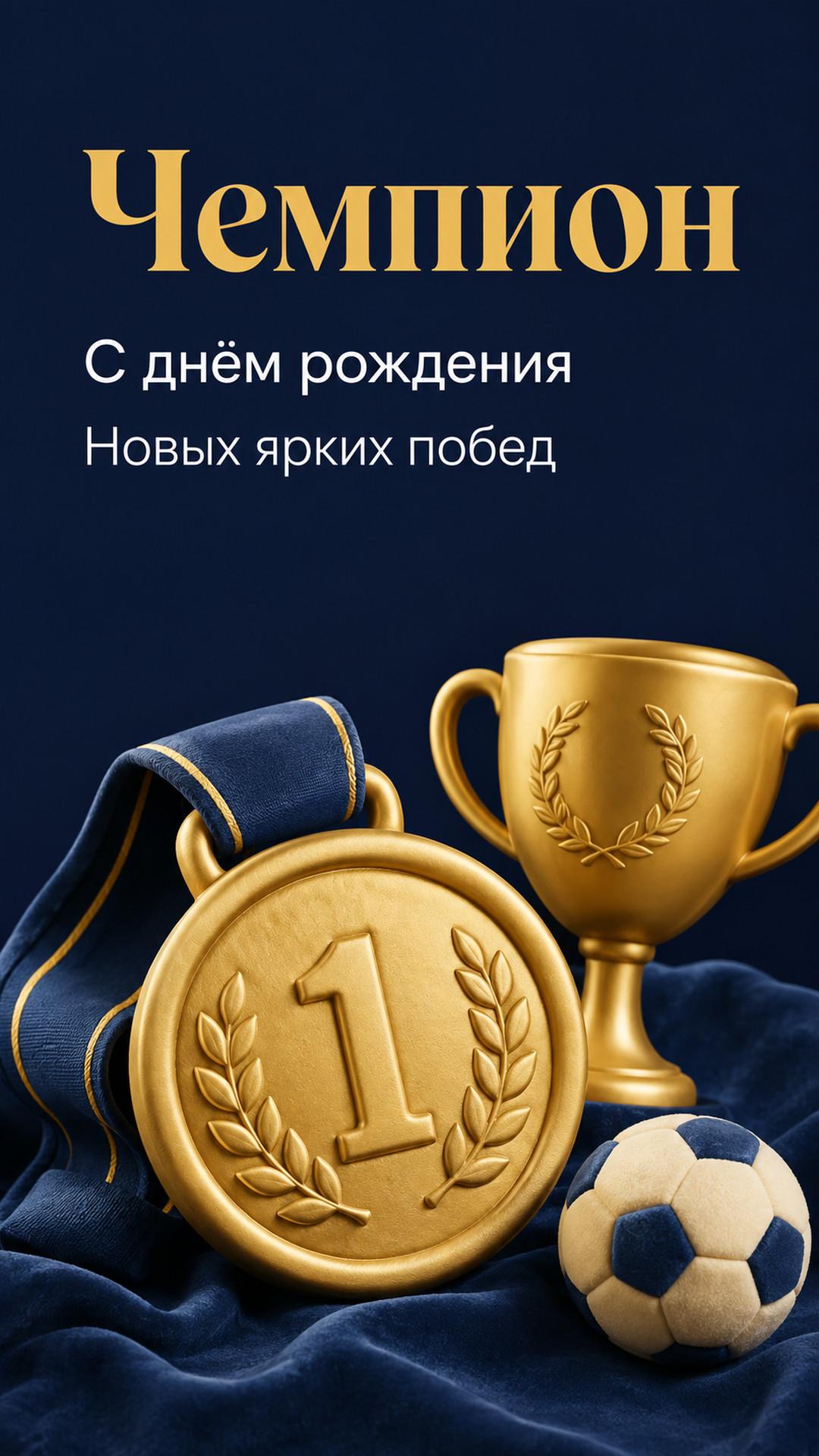 Открытка «Чемпион: С днём рождения»: медаль с цифрой 1, лавр, кубок и мяч. Текст: «Чемпион. С днём рождения. Новых ярких побед».