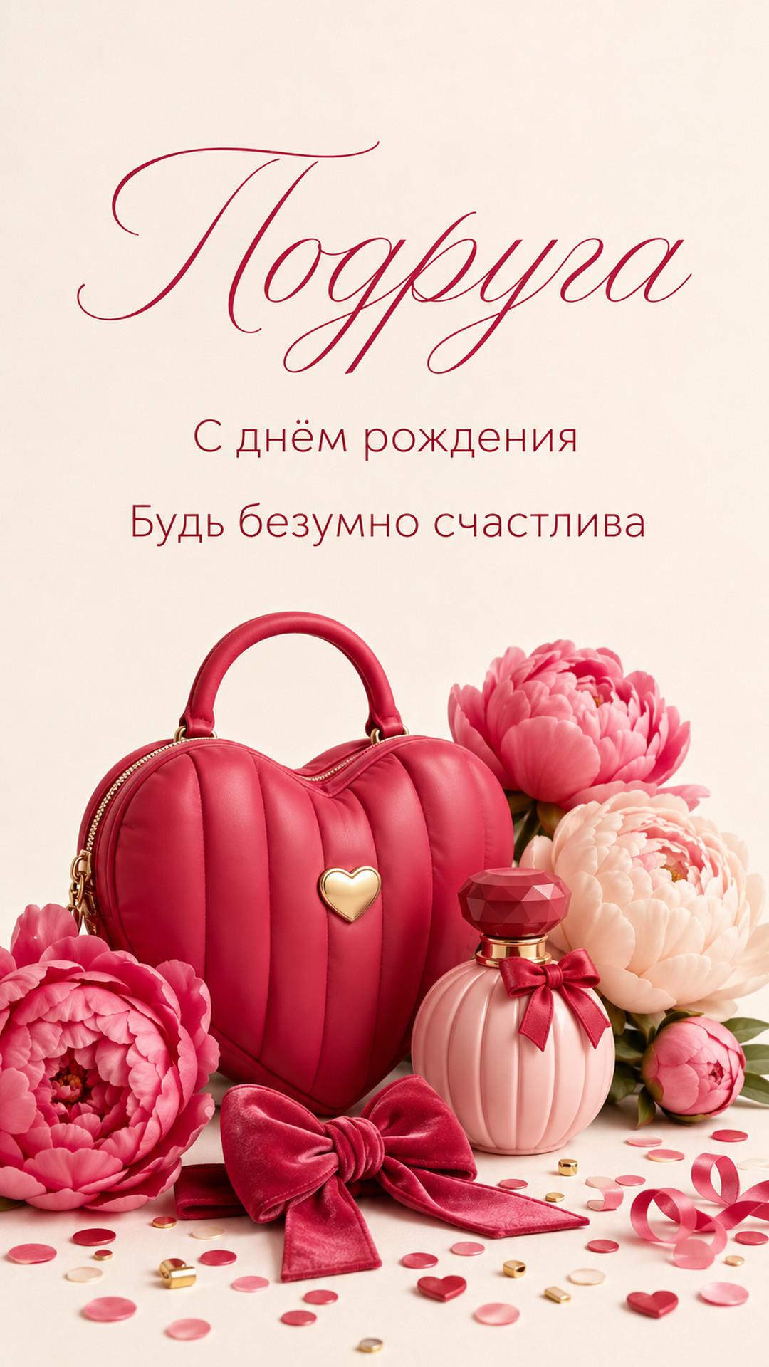 Открытка «Подруга: С днём рождения»: сумочка-сердце, духи, пионы и банты. Текст: «Подруга. С днём рождения. Будь безумно счастлива».