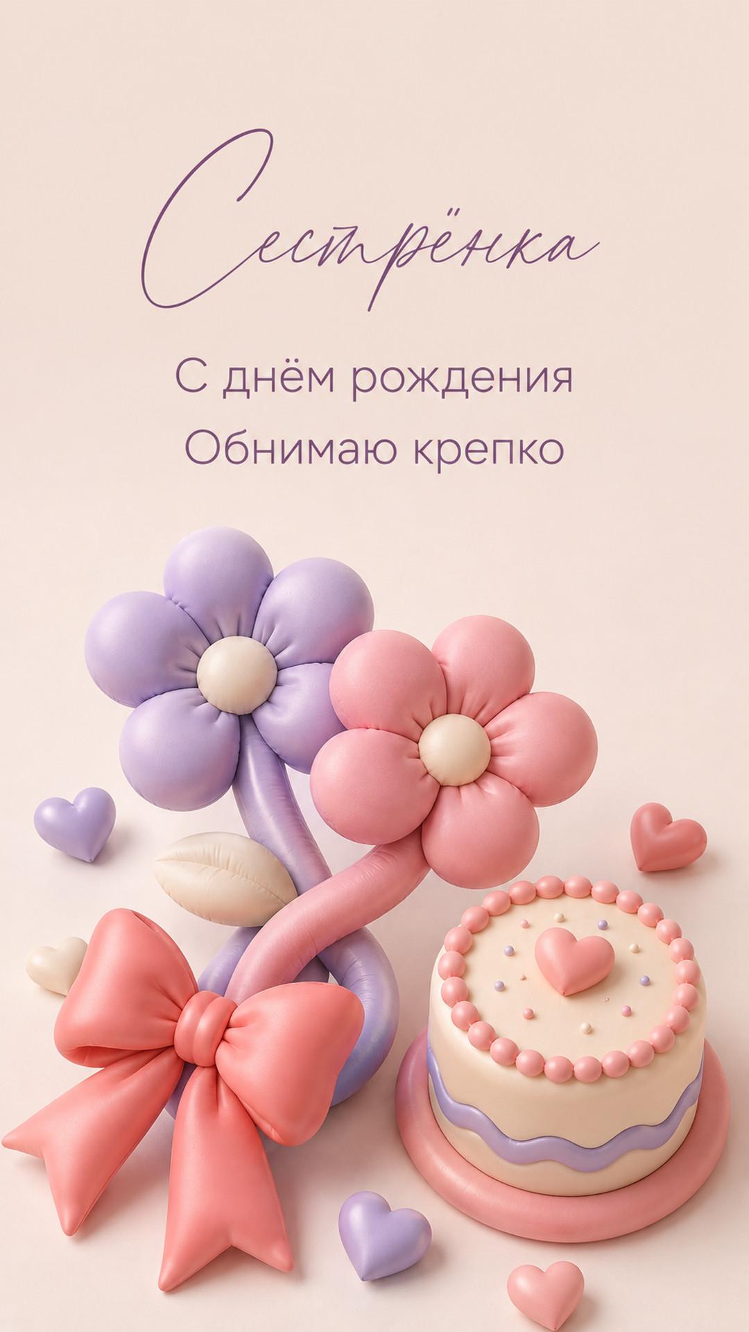 Открытка «Сестрёнка: С днём рождения»: цветы, ленты, сердечки и торт. Текст: «Сестрёнка. С днём рождения. Обнимаю крепко».