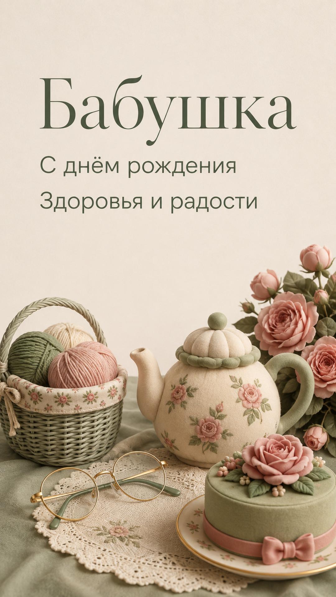 Открытка «Бабушка: С днём рождения»: чайник, пряжа, очки, розы и торт. Текст: «Бабушка. С днём рождения. Здоровья и радости».