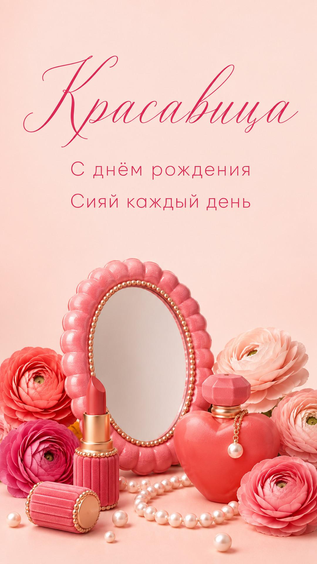 Открытка «Красавица: С днём рождения»: зеркало, помада, духи, цветы и жемчуг. Текст: «Красавица. С днём рождения. Сияй каждый день».