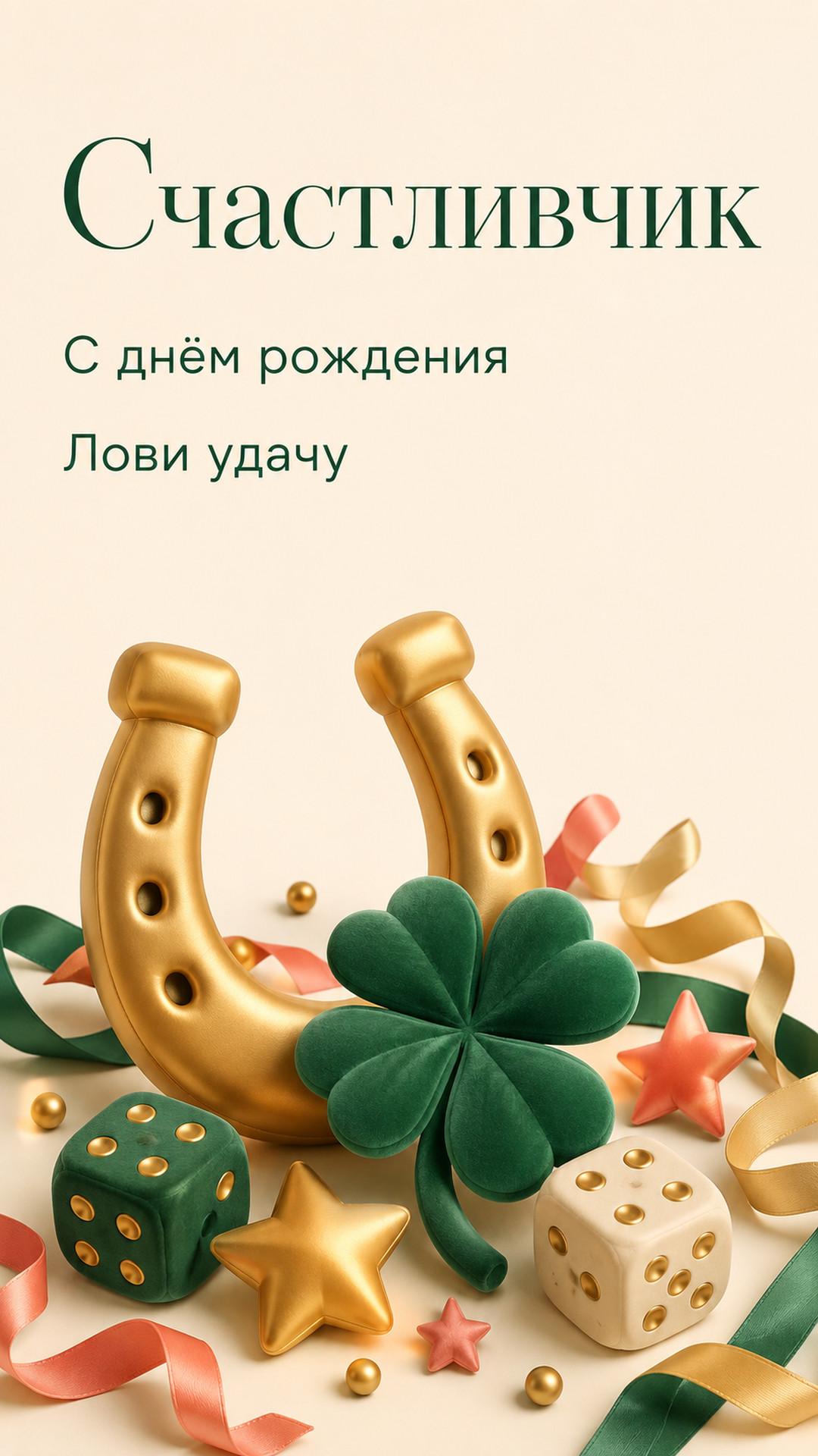 Открытка «Счастливчик: С днём рождения»: подкова, клевер, игральные кости и звёзды. Текст: «Счастливчик. С днём рождения. Лови удачу».