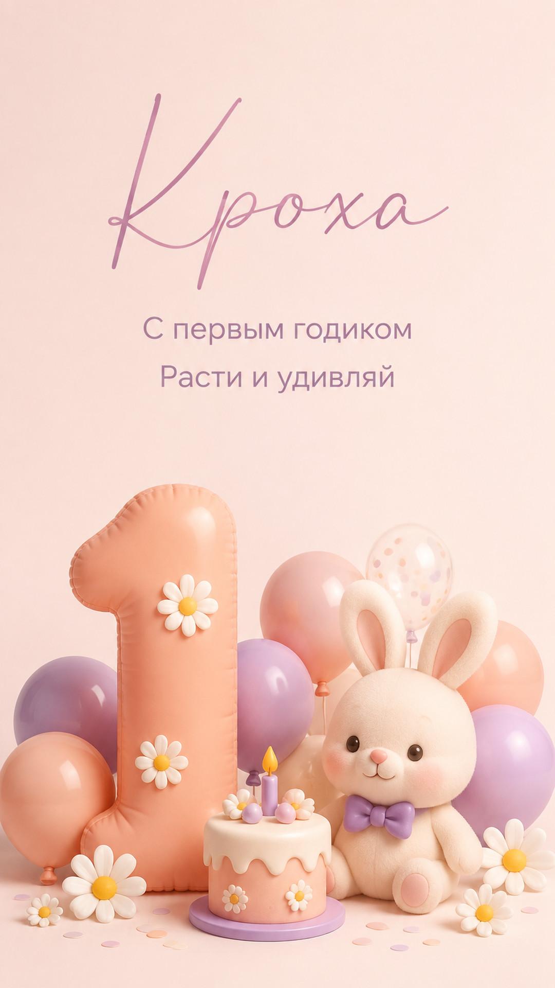 Открытка «Кроха: С первым годиком»: цифра 1, зайчик, торт, шарики и ромашки. Текст: «Кроха. С первым годиком. Расти и удивляй».