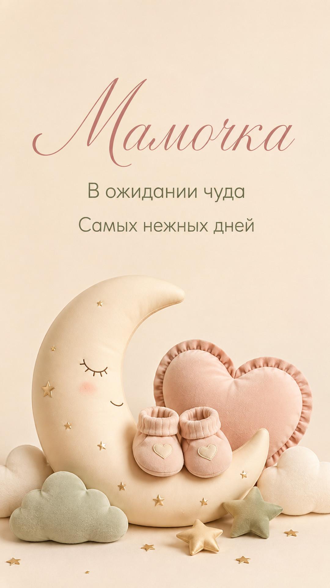 Открытка «Мамочка: В ожидании чуда»: месяц-колыбель, пинетки, облака и сердце. Текст: «Мамочка. В ожидании чуда. Самых нежных дней».