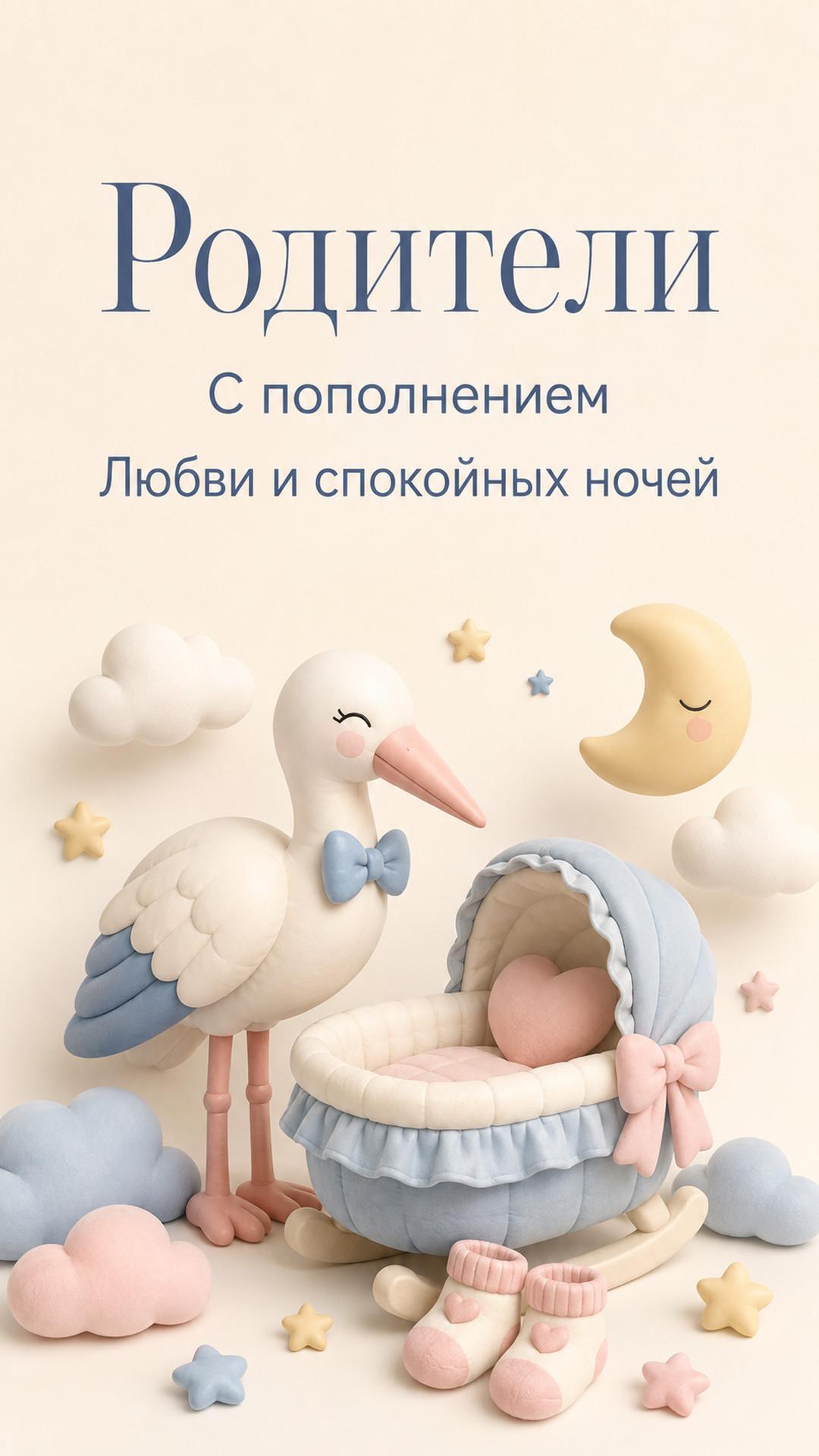 Открытка «Родители: С пополнением»: аист, колыбель, месяц, носочки и звёзды. Текст: «Родители. С пополнением. Любви и спокойных ночей».