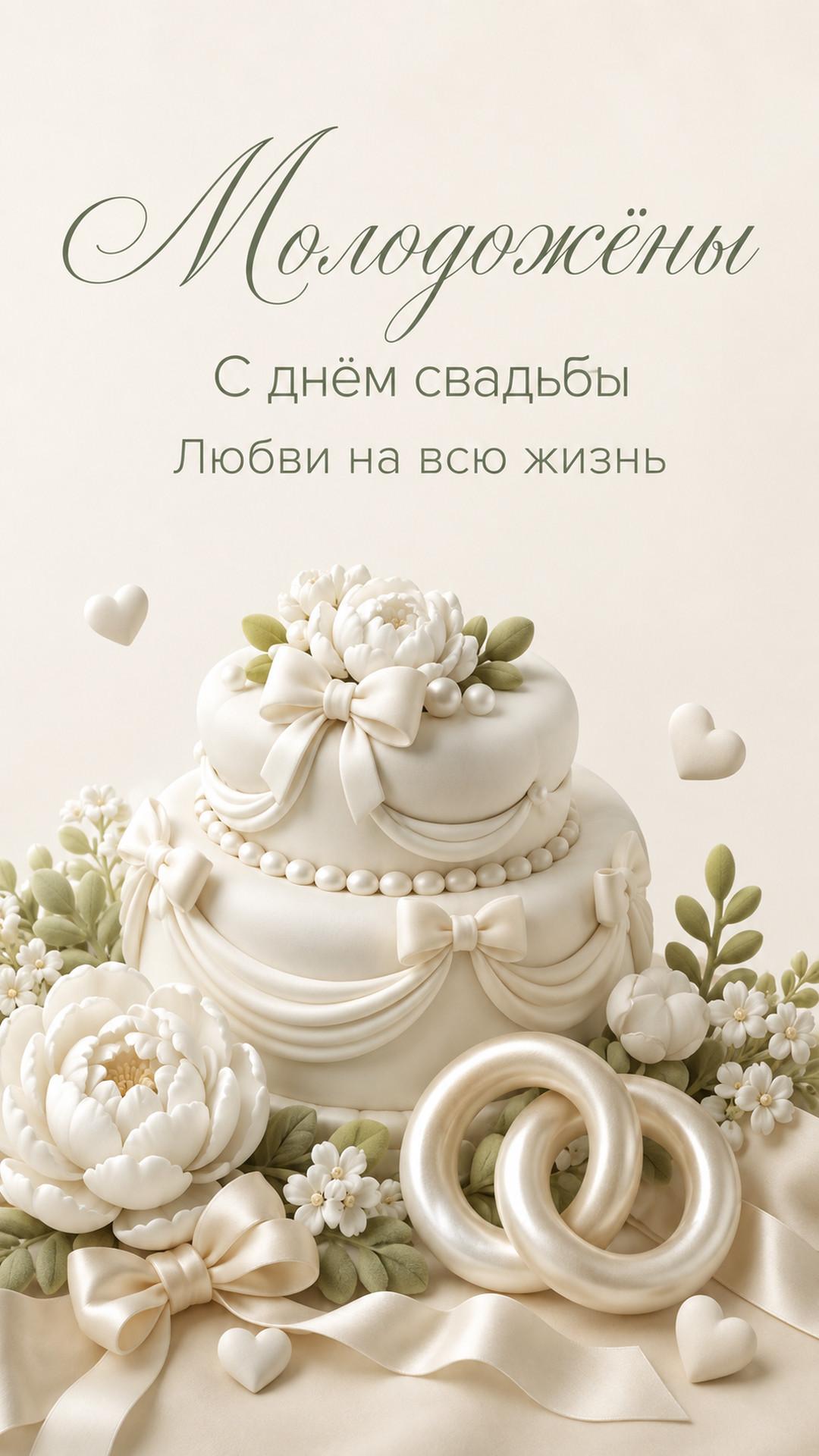 Открытка «Молодожёны: С днём свадьбы»: свадебный торт, кольца, банты и белые цветы; без людей. Текст: «Молодожёны. С днём свадьбы. Любви на всю жизнь».
