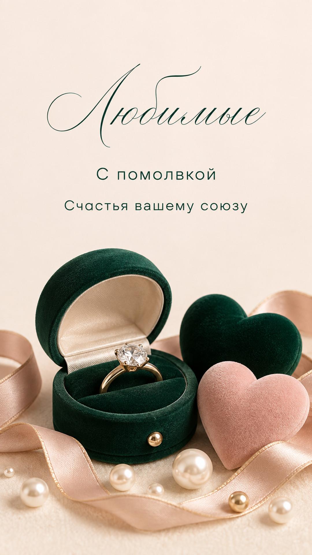 Открытка «Любимые: С помолвкой»: коробочка с кольцом, сердца, лента и жемчуг; без людей. Текст: «Любимые. С помолвкой. Счастья вашему союзу».