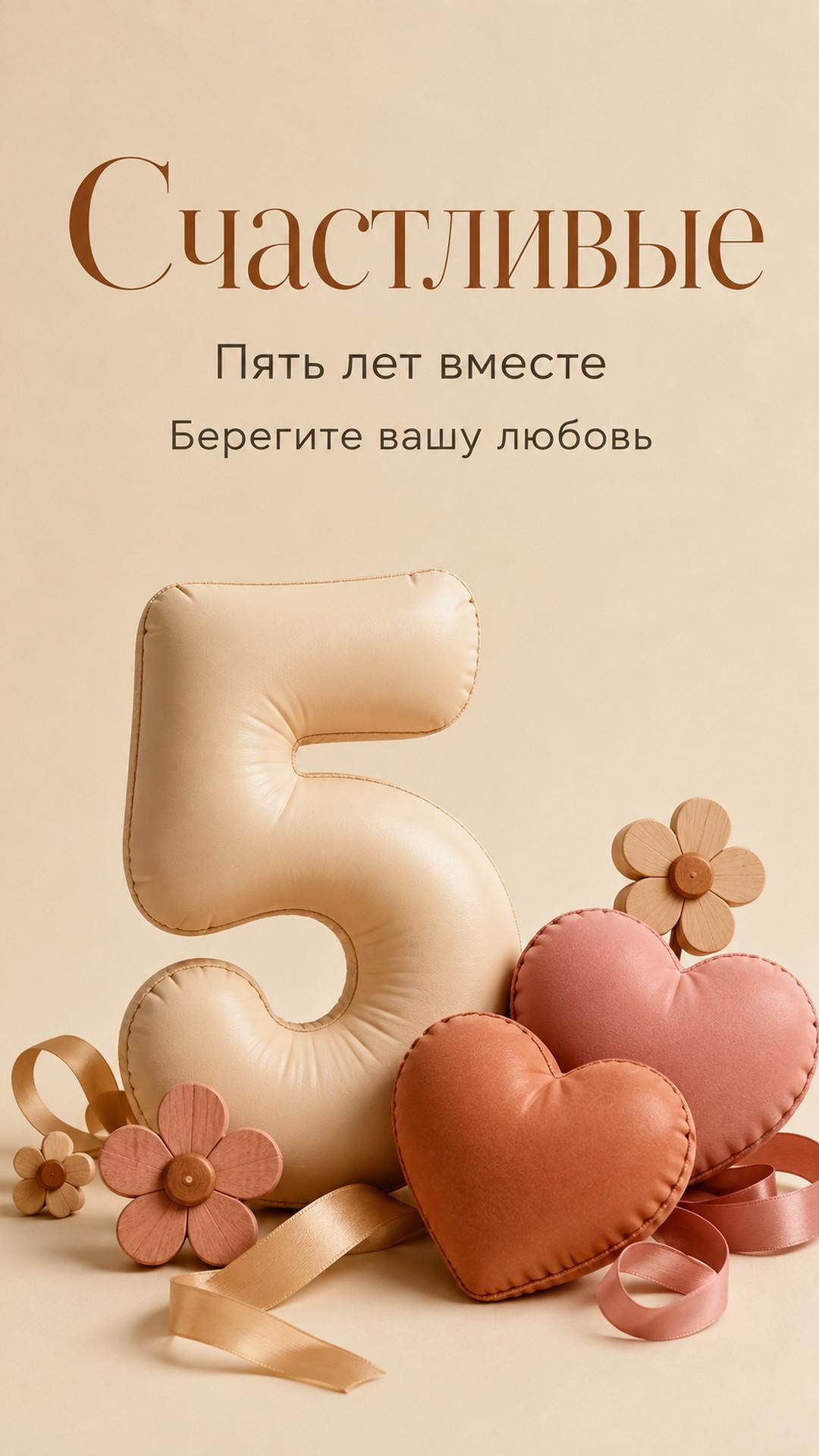 Открытка «Счастливые: Пять лет вместе»: цифра 5, сердца, цветы и ленты. Текст: «Счастливые. Пять лет вместе. Берегите вашу любовь».