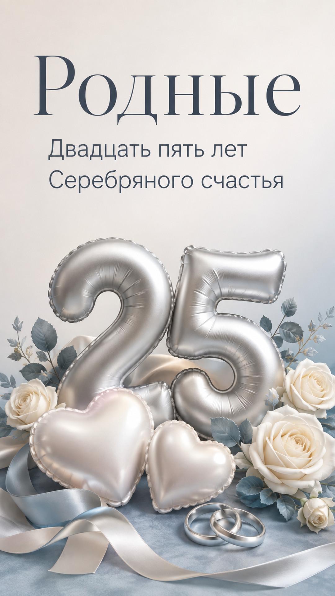 Открытка «Родные: Двадцать пять лет»: серебряная цифра 25, сердца, кольца и белые розы. Текст: «Родные. Двадцать пять лет. Серебряного счастья».
