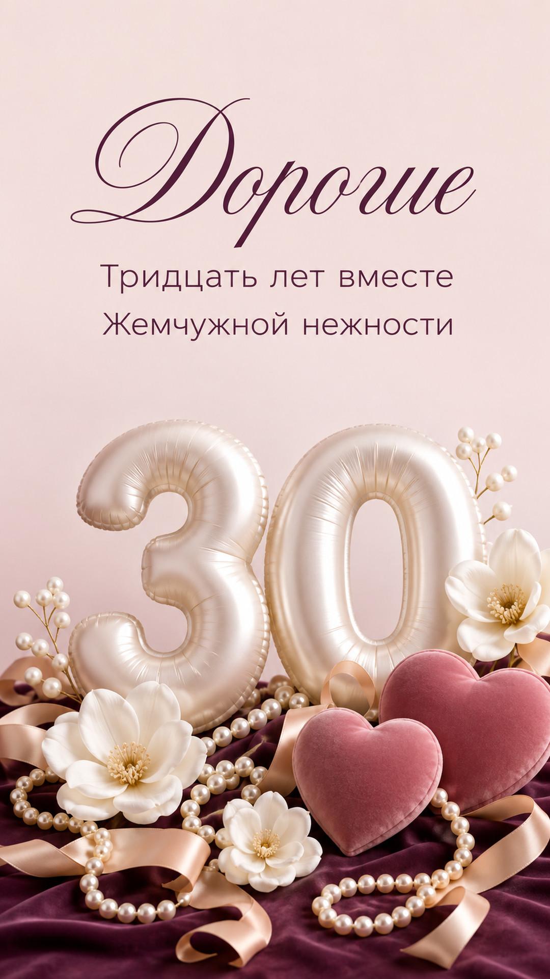 Открытка «Дорогие: Тридцать лет вместе»: жемчужная цифра 30, сердца, жемчуг и цветы. Текст: «Дорогие. Тридцать лет вместе. Жемчужной нежности».