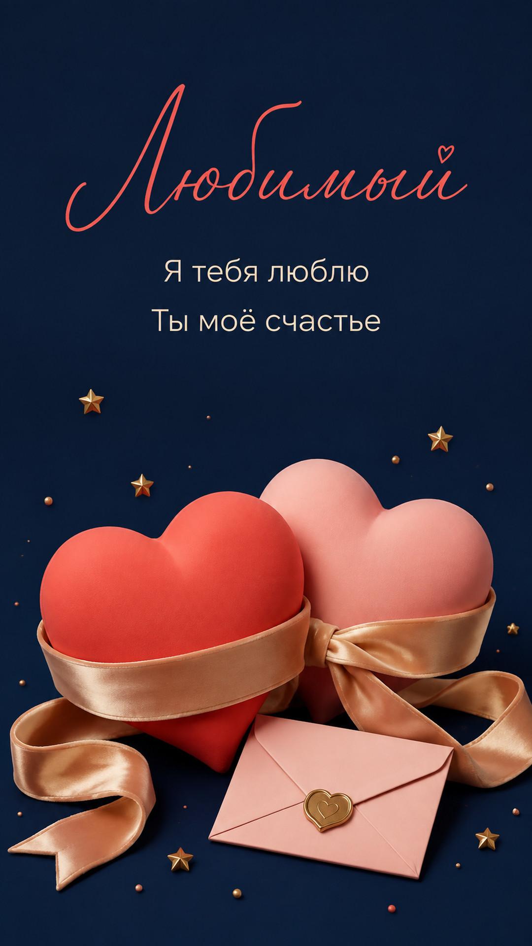 Открытка «Любимый: Я тебя люблю»: переплетённые сердца, ленты, звёзды и письмо. Текст: «Любимый. Я тебя люблю. Ты моё счастье».