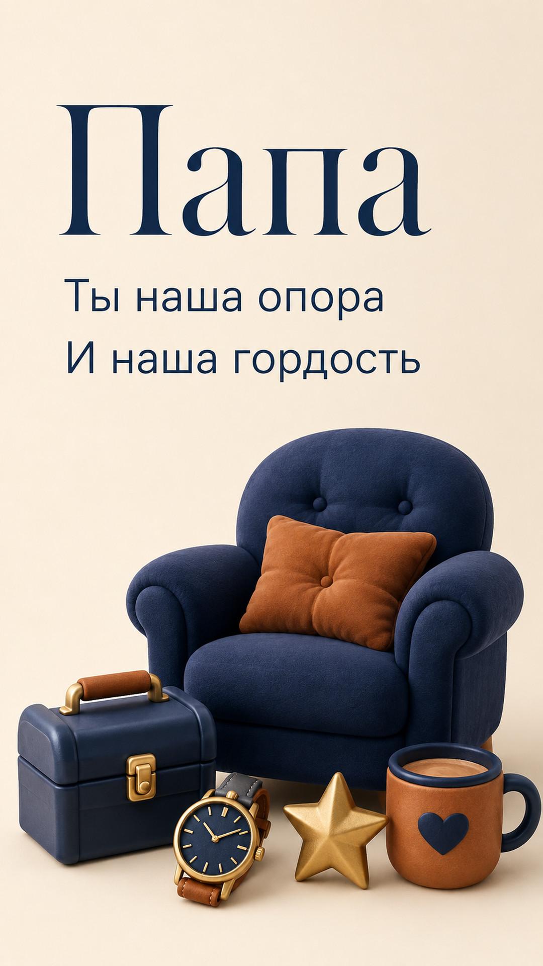 Открытка «Папа: Ты наша опора»: кресло, портфель, часы, звезда и кружка. Текст: «Папа. Ты наша опора. И наша гордость».