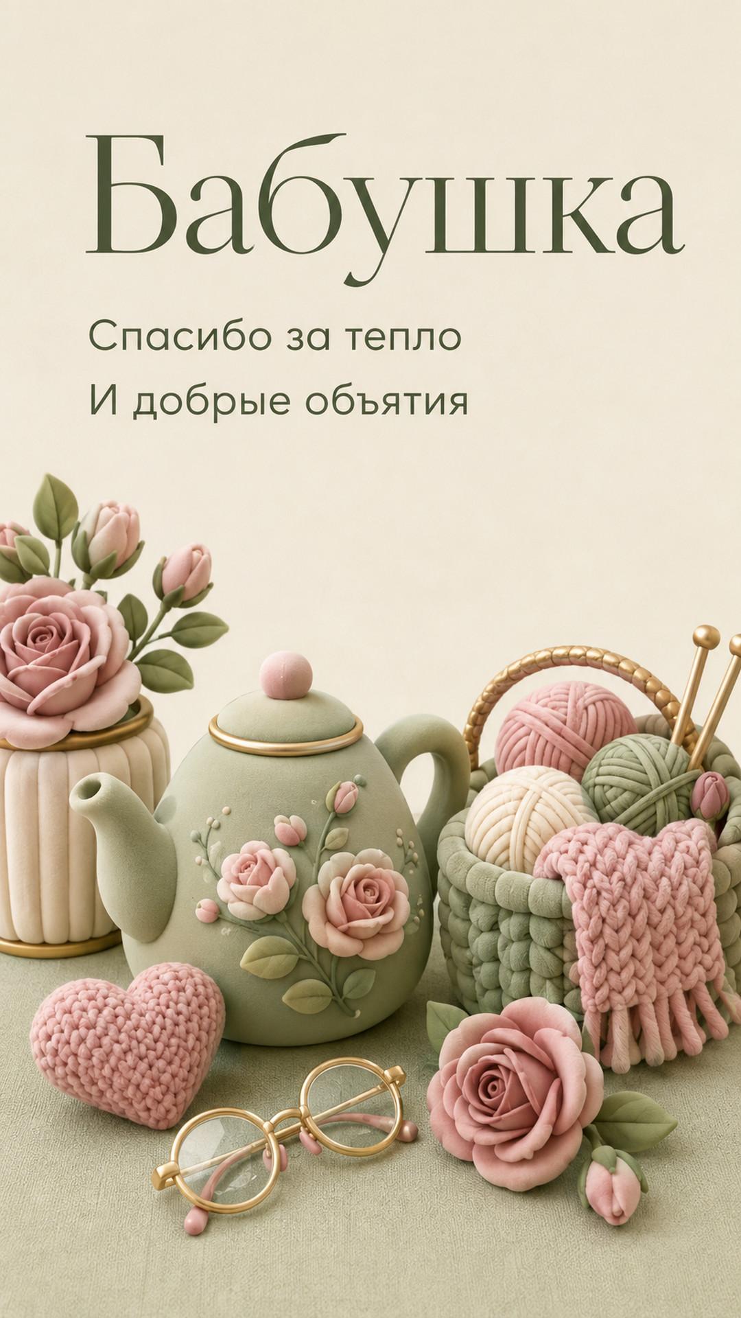 Открытка «Бабушка: Спасибо за тепло»: чайник, пряжа, очки, вязаное сердце и розы. Текст: «Бабушка. Спасибо за тепло. И добрые объятия».