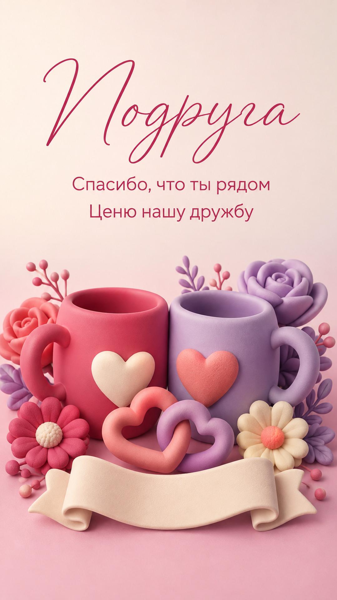 Открытка «Подруга: Спасибо, что ты рядом»: две кружки, переплетённые сердца, цветы и чистая лента. Текст: «Подруга. Спасибо, что ты рядом. Ценю нашу дружбу».