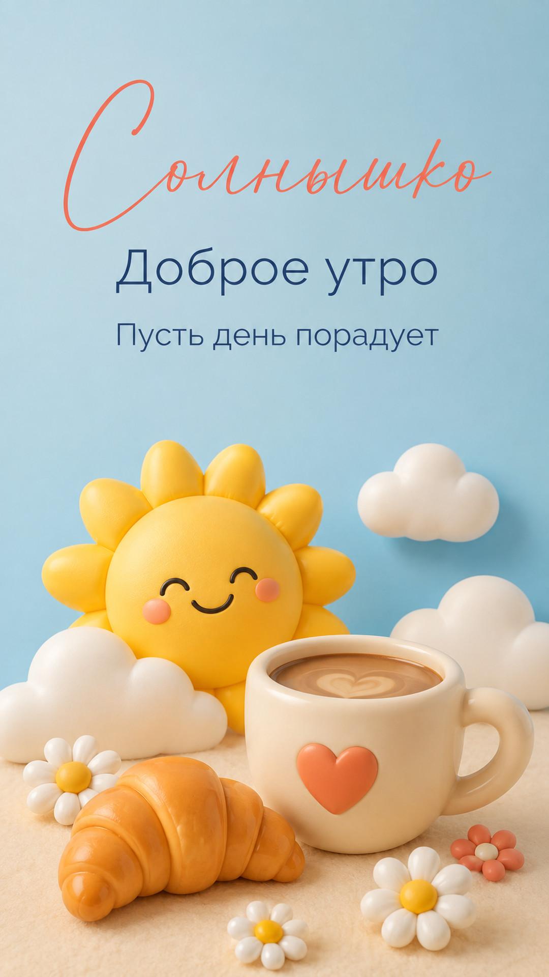 Открытка «Солнышко: Доброе утро»: солнце, чашка, круассан, облака и ромашки. Текст: «Солнышко. Доброе утро. Пусть день порадует».