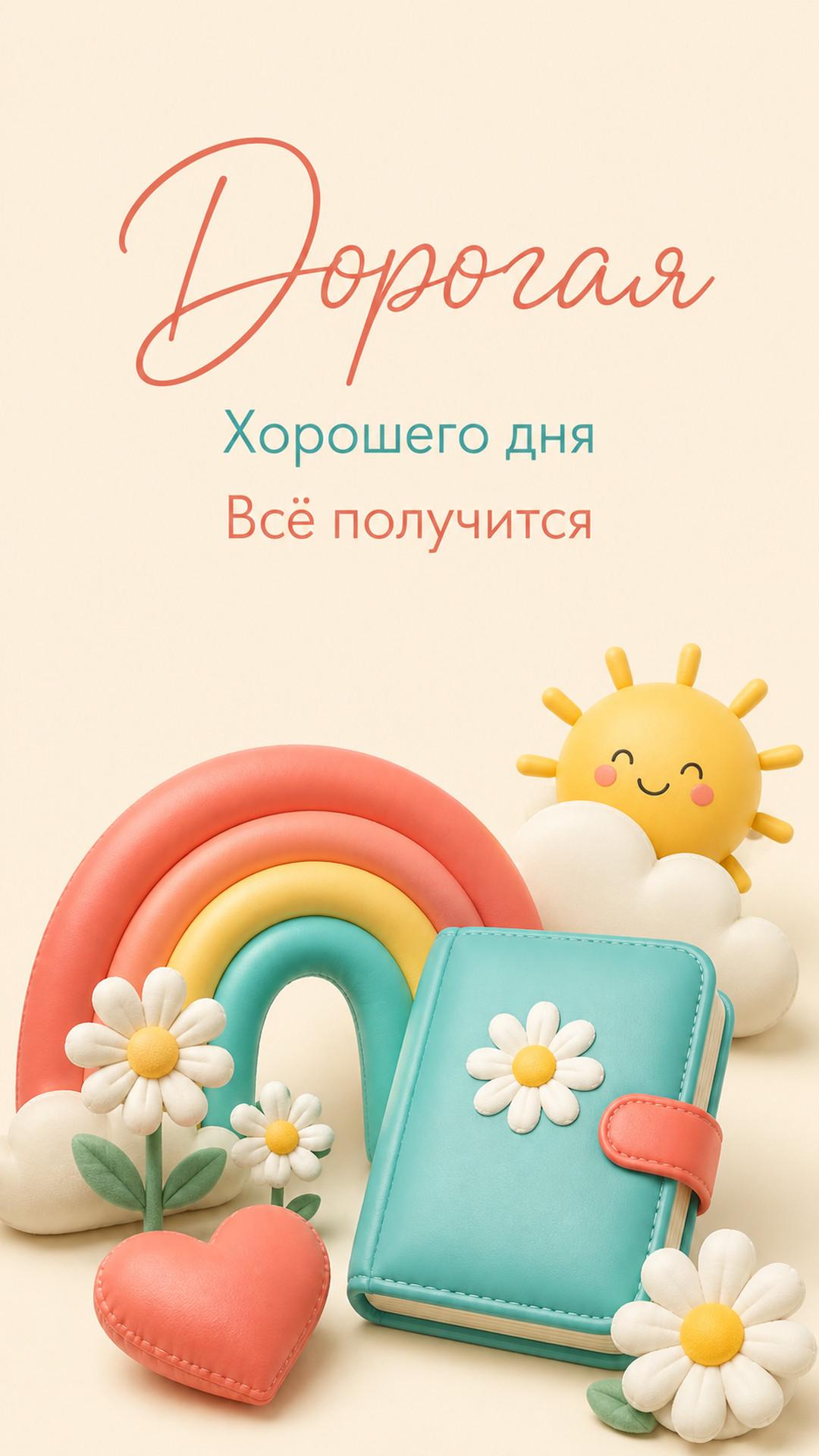 Открытка «Дорогая: Хорошего дня»: радуга, ежедневник, сердце, ромашки и солнце. Текст: «Дорогая. Хорошего дня. Всё получится».
