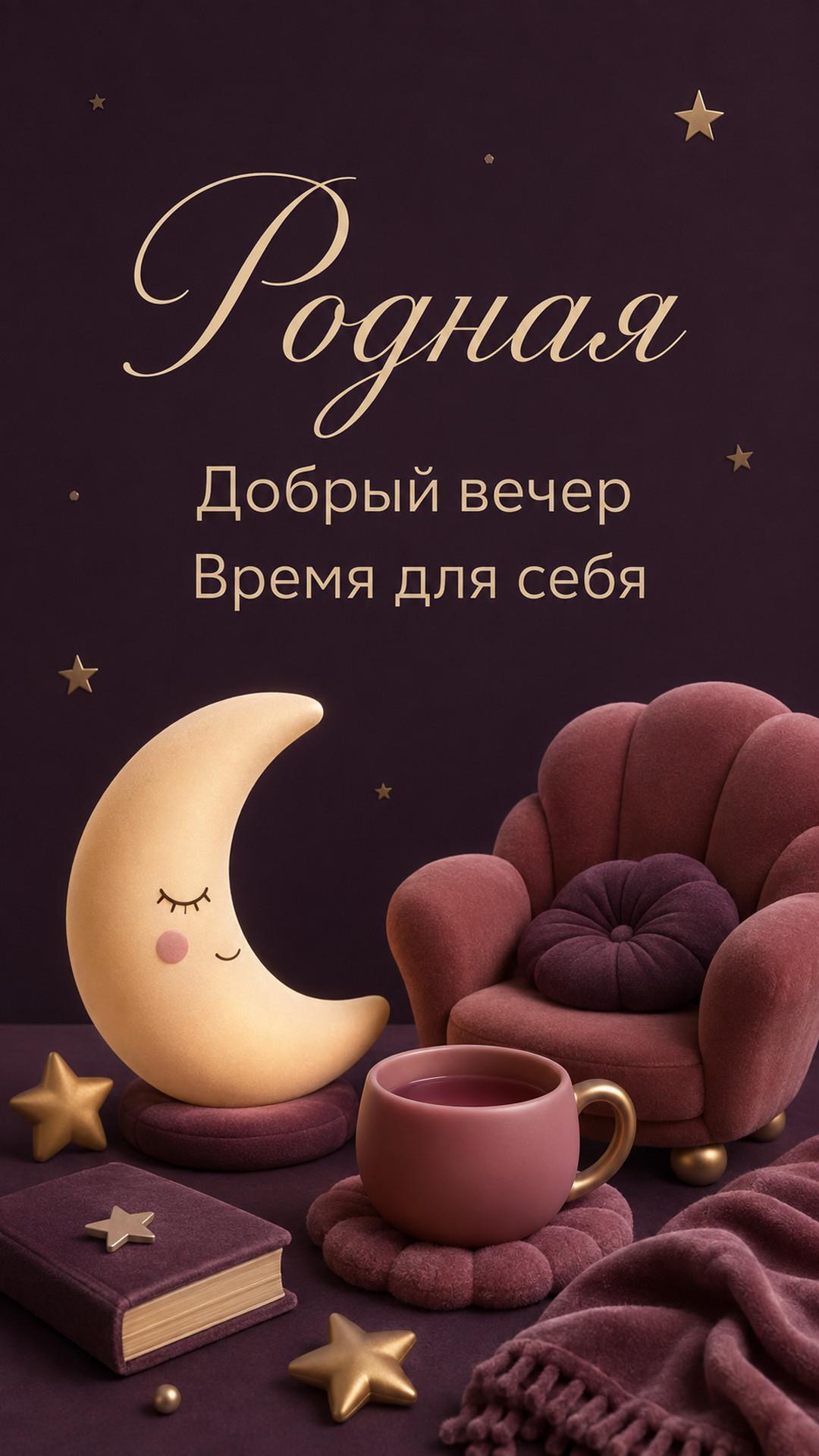 Открытка «Родная: Добрый вечер»: месяц-светильник, чашка, кресло, книга и звёзды. Текст: «Родная. Добрый вечер. Время для себя».