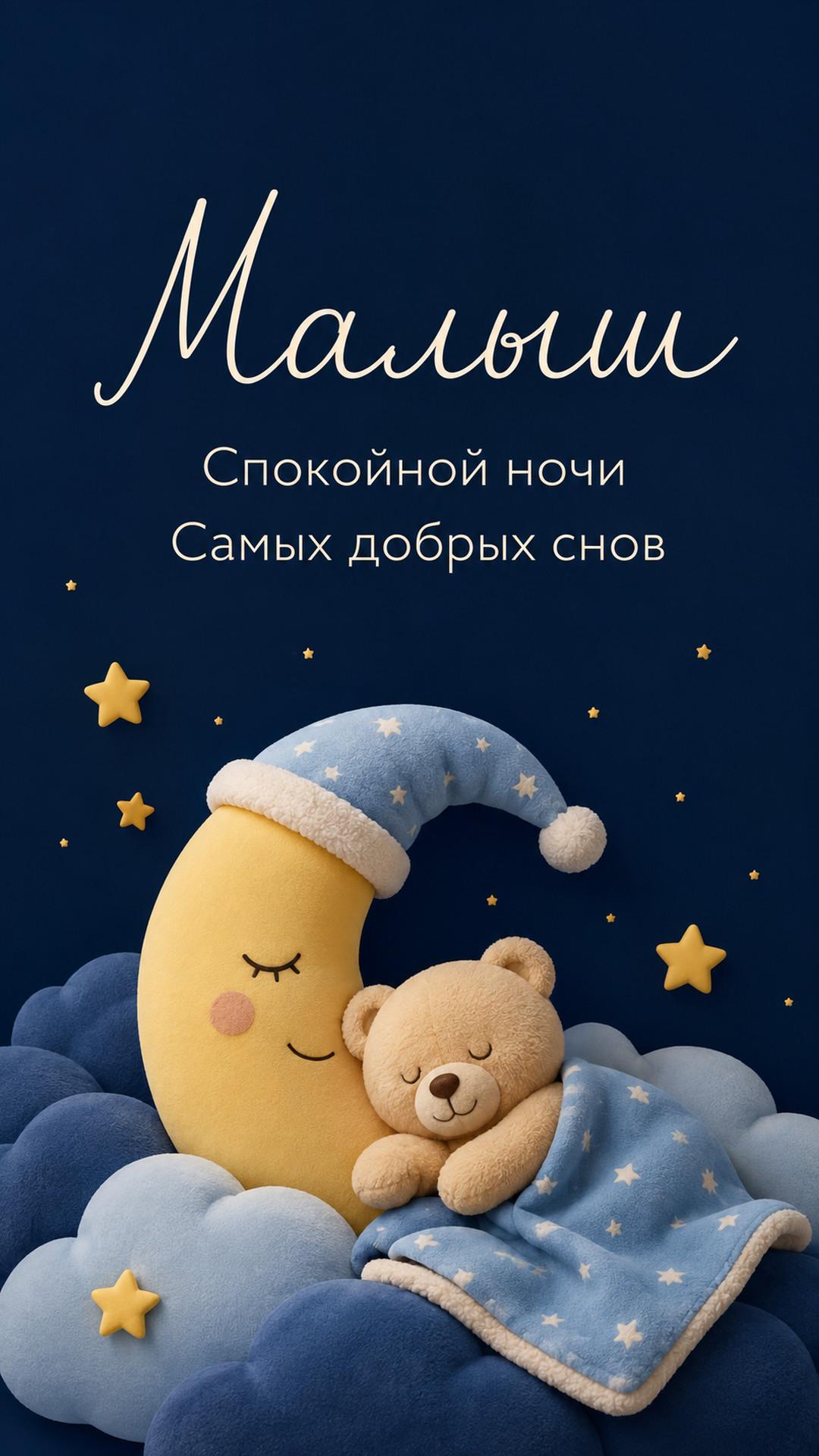 Открытка «Малыш: Спокойной ночи»: спящий месяц, облака, медвежонок, звёзды и плед. Текст: «Малыш. Спокойной ночи. Самых добрых снов».