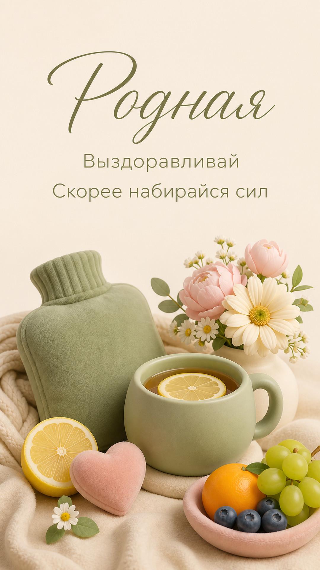 Открытка «Родная: Выздоравливай»: чай с лимоном, грелка, фрукты, цветы и сердце. Текст: «Родная. Выздоравливай. Скорее набирайся сил».