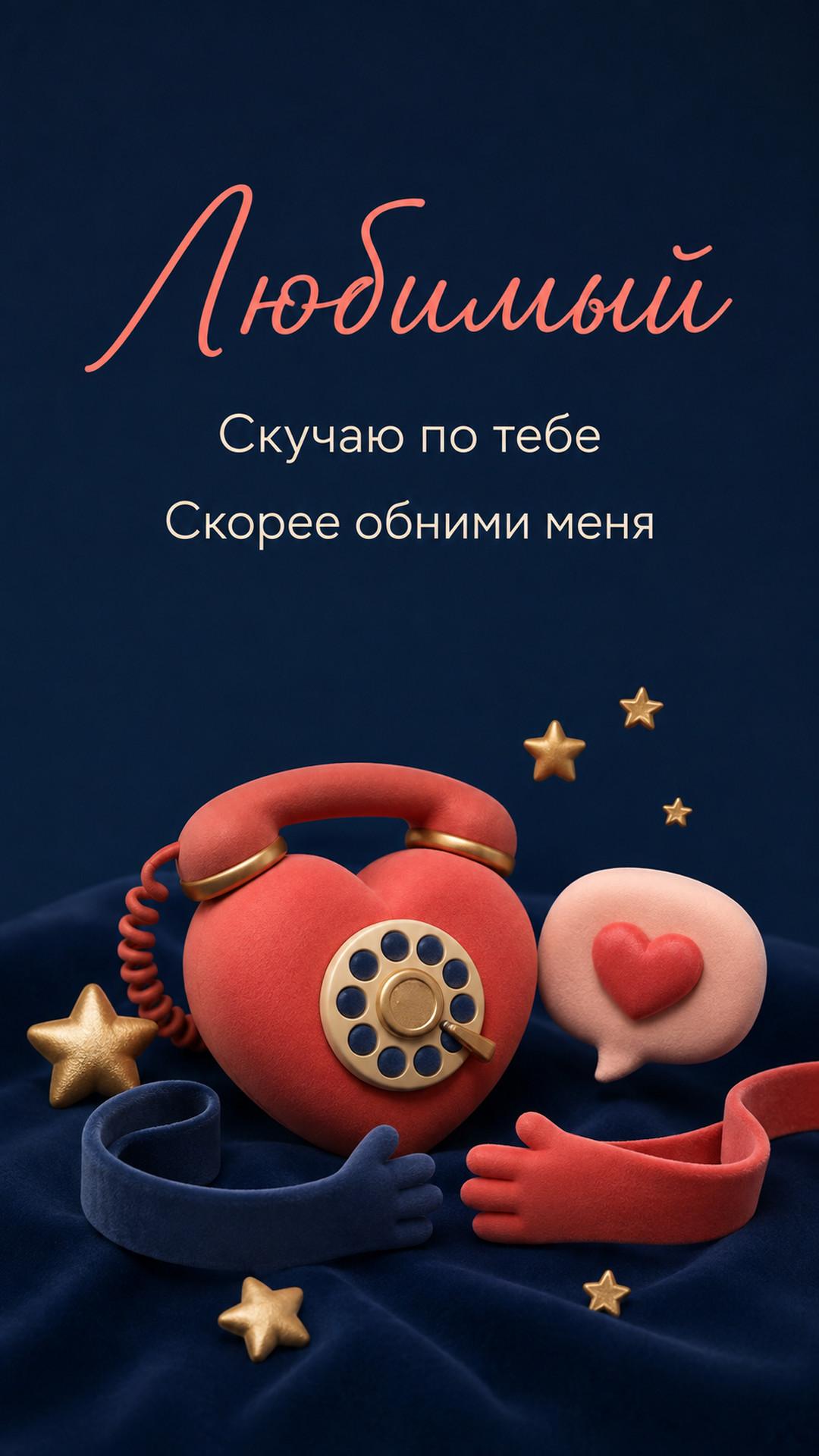 Открытка «Любимый: Скучаю по тебе»: телефон-сердце, сообщение, руки-ленты и звёзды. Текст: «Любимый. Скучаю по тебе. Скорее обними меня».