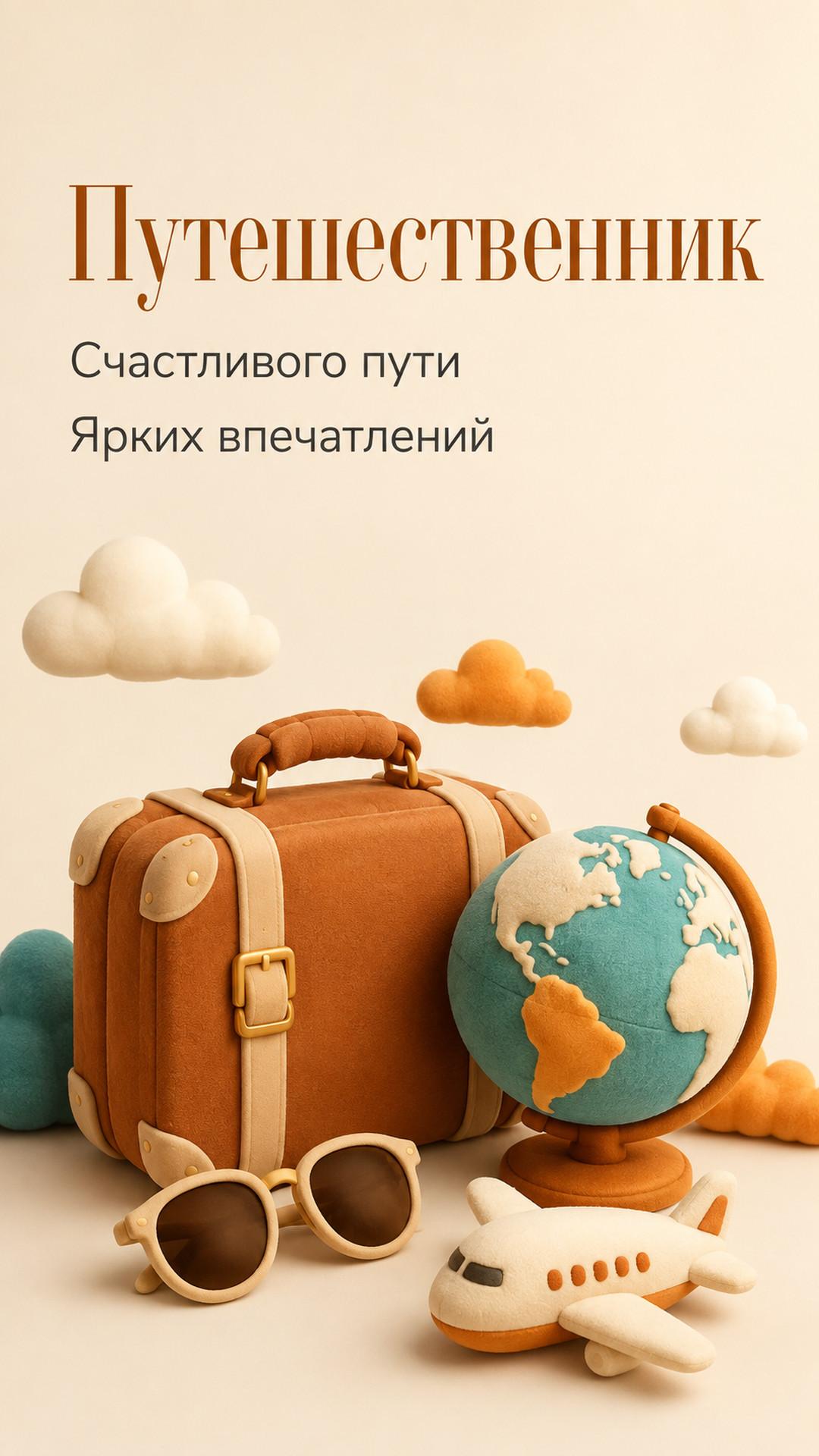 Открытка «Путешественник: Счастливого пути»: чемодан, глобус, самолёт, очки и облака. Текст: «Путешественник. Счастливого пути. Ярких впечатлений».