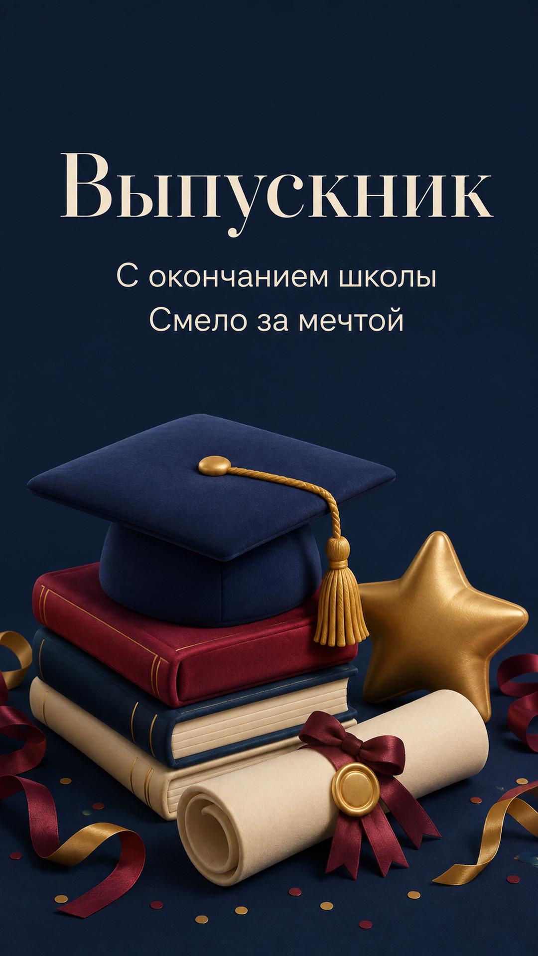 Открытка «Выпускник: С окончанием школы»: академическая шапочка, диплом, звезда, книги и ленты. Текст: «Выпускник. С окончанием школы. Смело за мечтой».