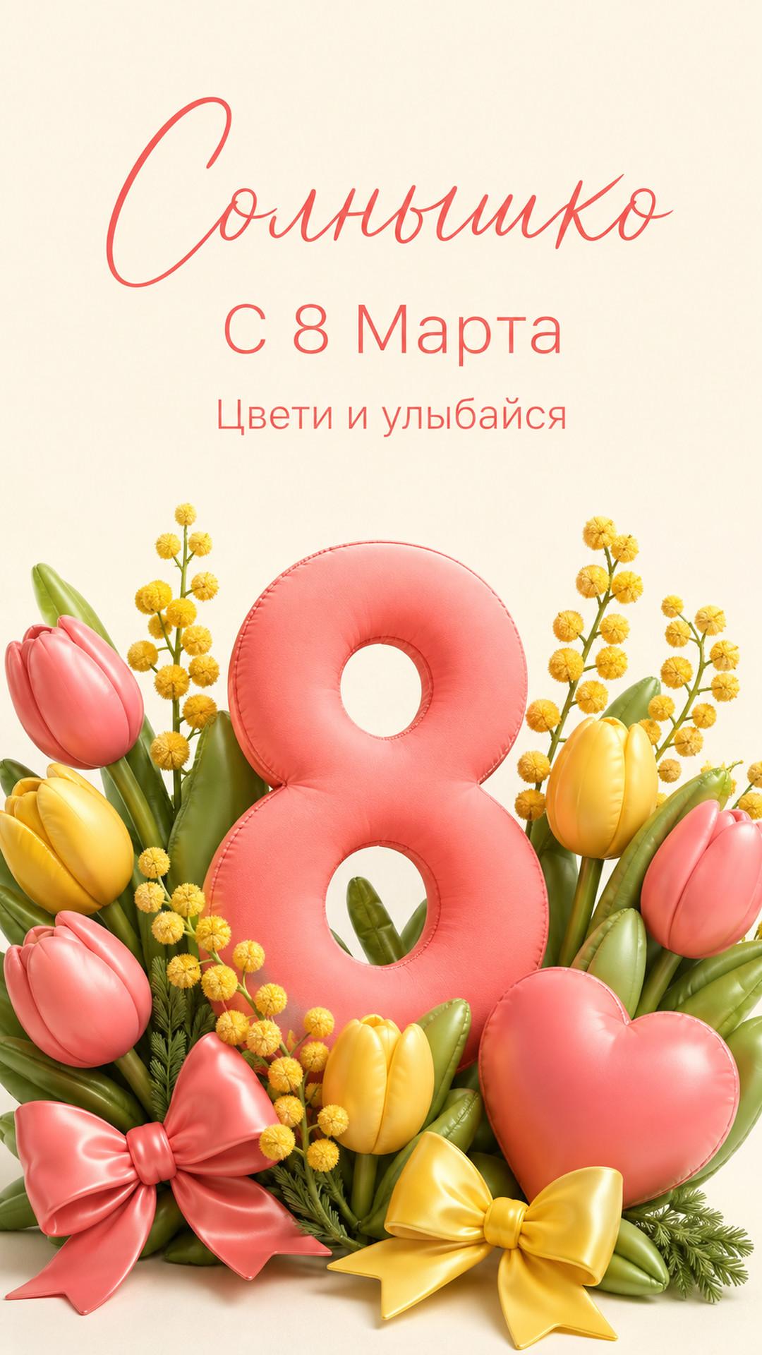 Открытка «Солнышко: С 8 Марта»: цифра 8, тюльпаны, мимоза, сердце и банты. Текст: «Солнышко. С 8 Марта. Цвети и улыбайся».