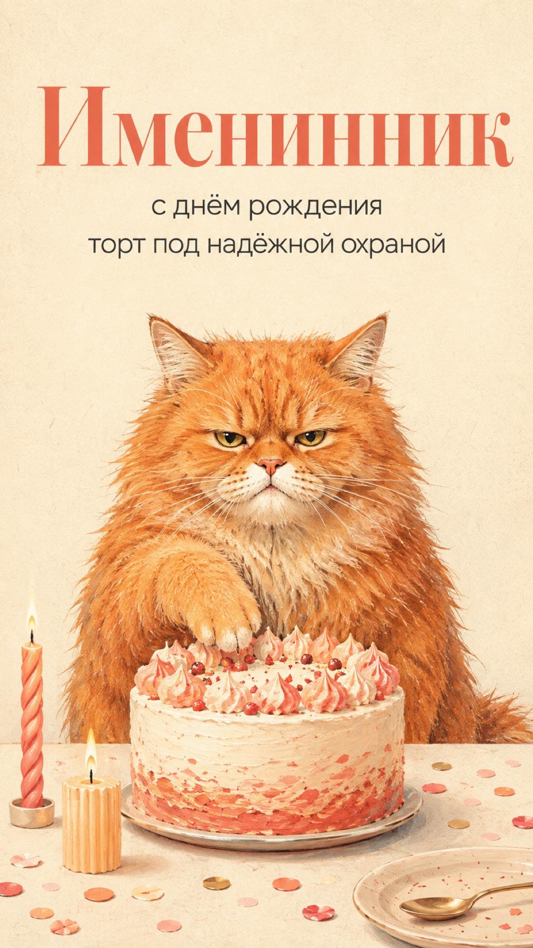 Смешная открытка имениннику с днём рождения: серьёзный рыжий кот сторожит праздничный торт. Текст: «Именинник. с днём рождения. торт под надёжной охраной».