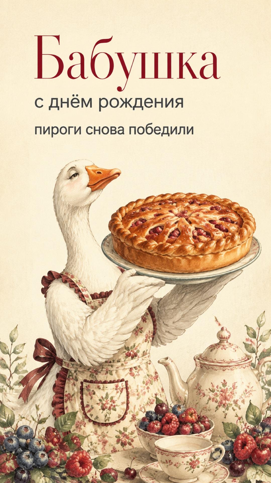 Смешная открытка бабушке с днём рождения: гордая гусыня в красивом фартуке подаёт огромный пирог. Текст: «Бабушка. с днём рождения. пироги снова победили».