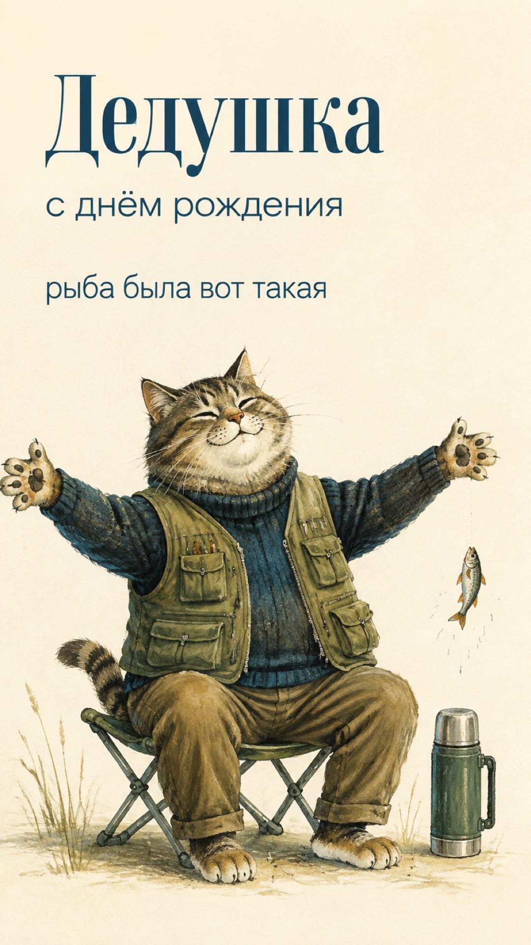 Смешная открытка дедушке с днём рождения: кот-рыболов широко разводит лапы рядом с крошечной рыбкой. Текст: «Дедушка. с днём рождения. рыба была вот такая».