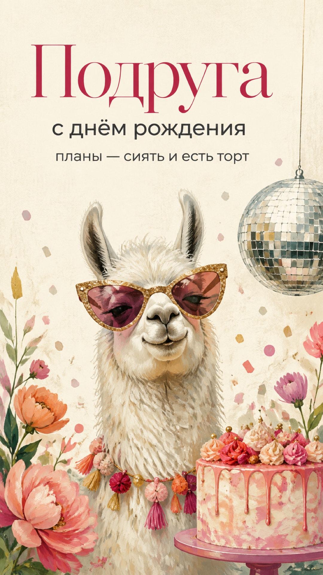 Смешная открытка подруге с днём рождения: праздничная лама в сияющих очках рядом с тортом и диско-шаром. Текст: «Подруга. с днём рождения. планы — сиять и есть торт».