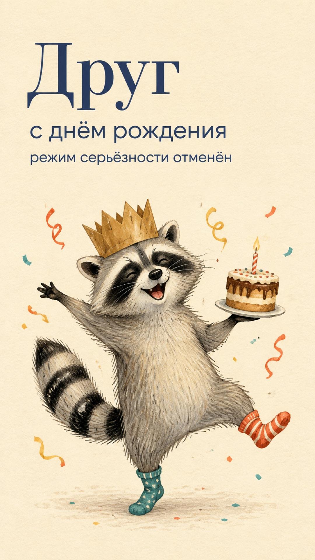 Смешная открытка другу с днём рождения: танцующий енот в короне с тортом и разными носками. Текст: «Друг. с днём рождения. режим серьёзности отменён».