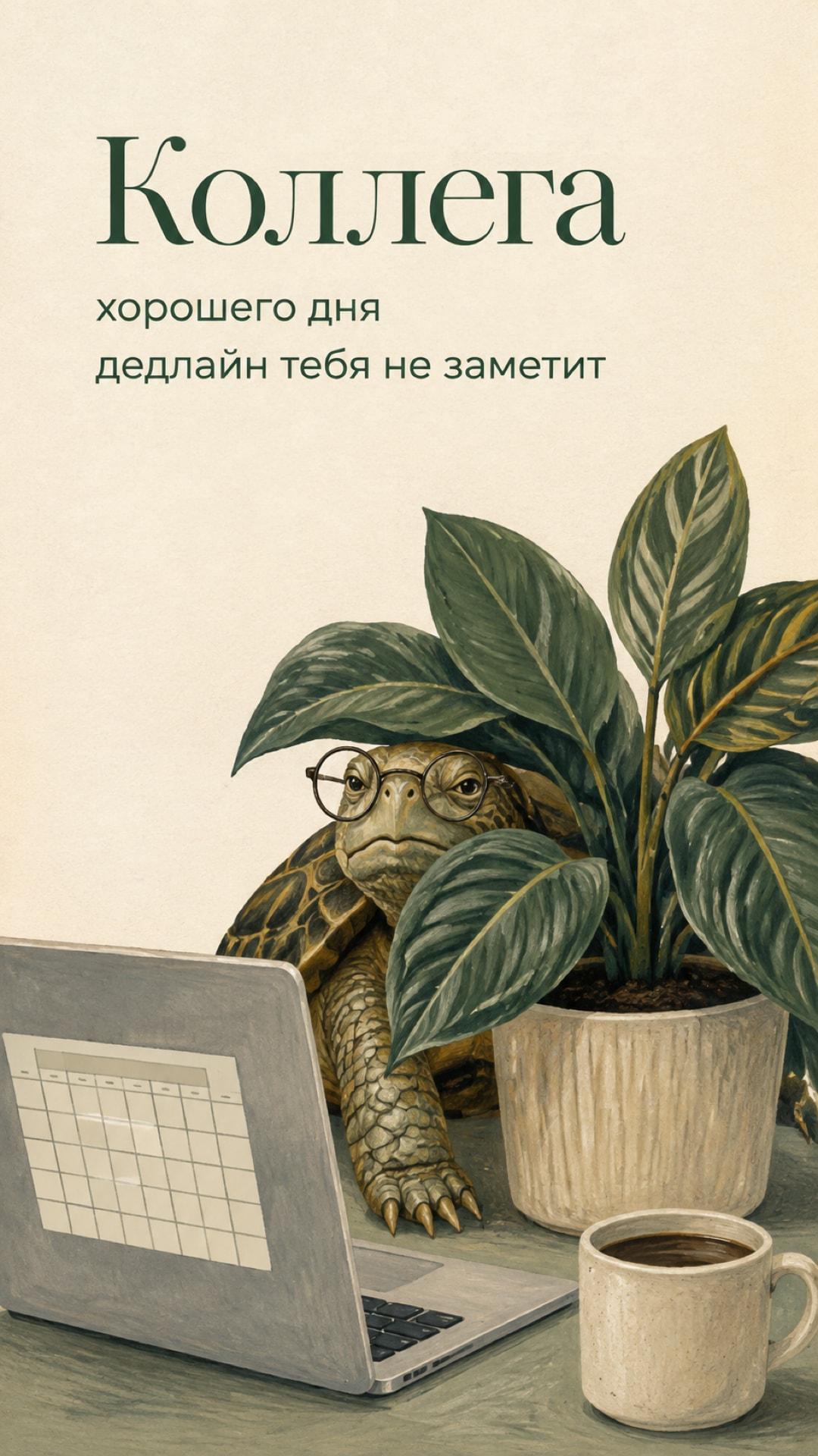 Смешная открытка коллеге хорошего дня: черепаха прячется от ноутбука за большим комнатным растением. Текст: «Коллега. хорошего дня. дедлайн тебя не заметит».