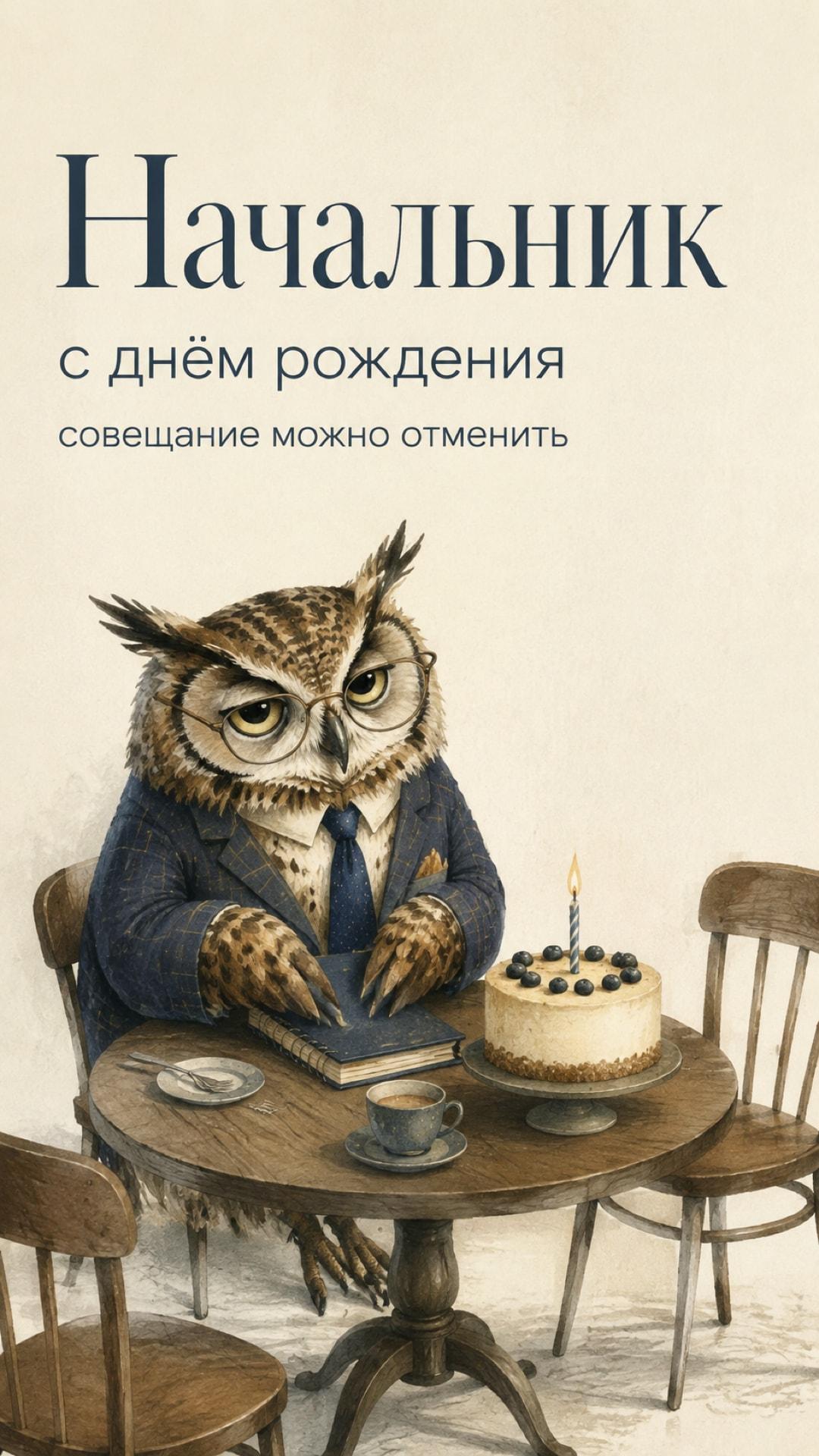 Смешная открытка начальнику с днём рождения: солидный филин закрывает блокнот у праздничного стола. Текст: «Начальник. с днём рождения. совещание можно отменить».