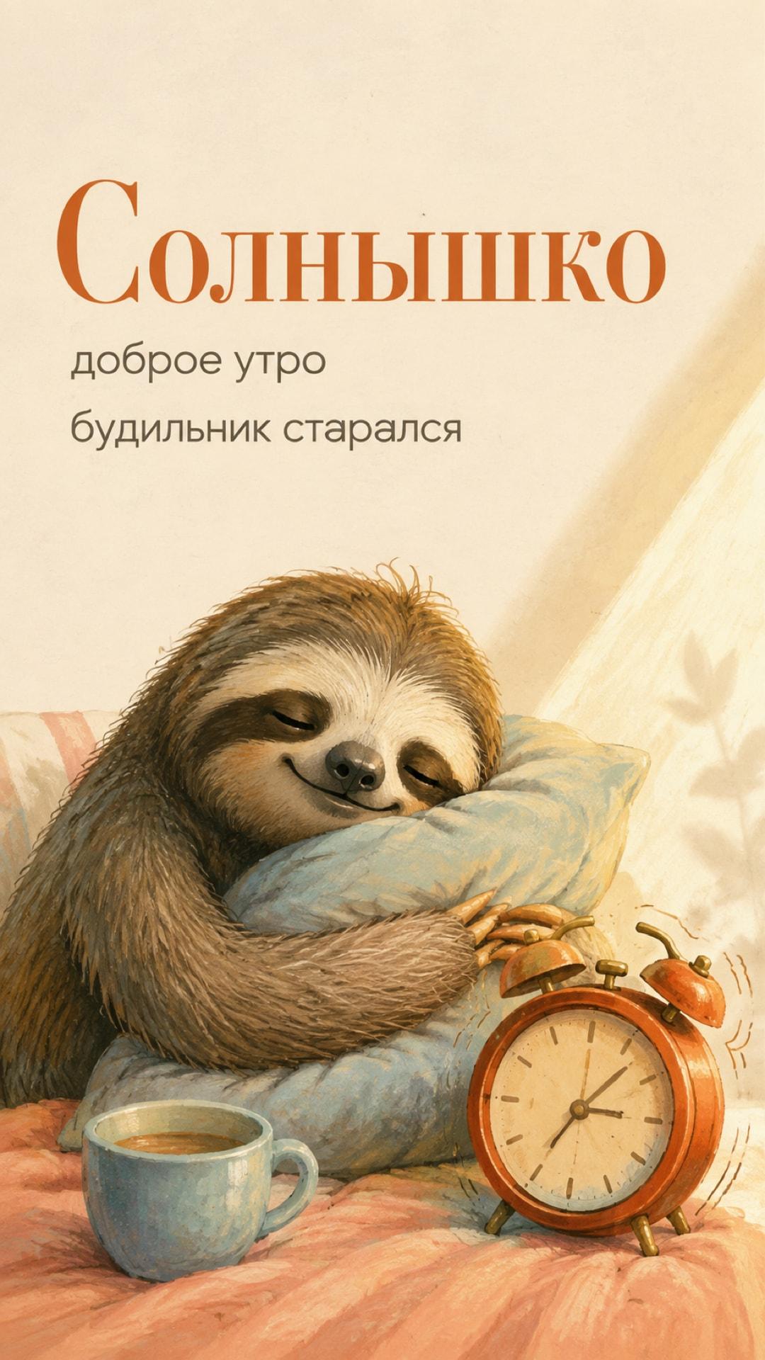 Смешная открытка с добрым утром: сонный ленивец обнимает подушку рядом со звонящим будильником. Текст: «Солнышко. доброе утро. будильник старался».