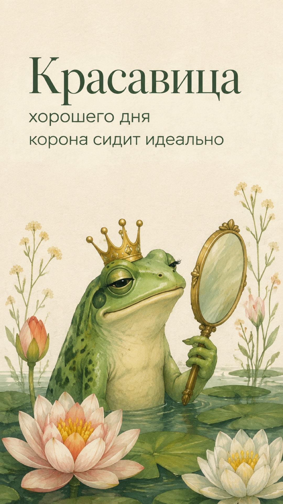 Смешная открытка женщине хорошего дня: невозмутимая лягушка в короне любуется собой в зеркале. Текст: «Красавица. хорошего дня. корона сидит идеально».