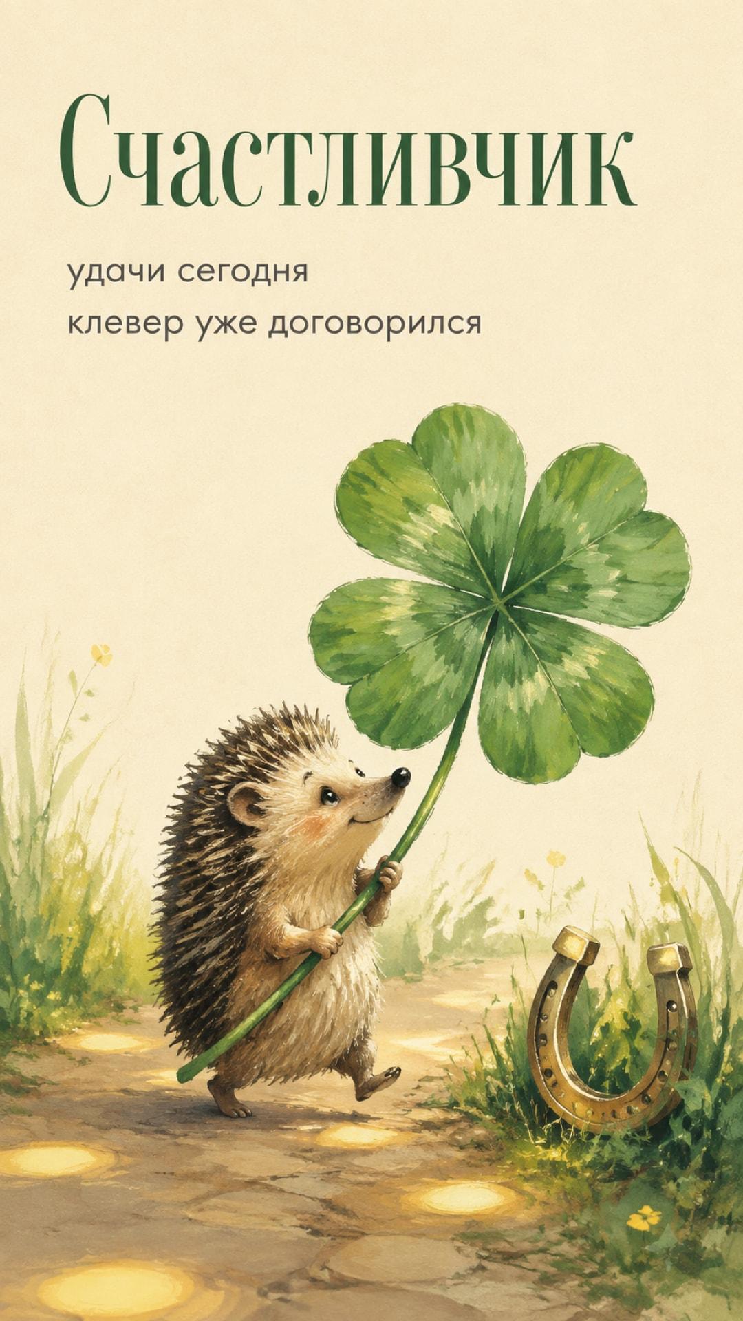 Смешная открытка с пожеланием удачи: маленький ёж несёт гигантский четырёхлистный клевер. Текст: «Счастливчик. удачи сегодня. клевер уже договорился».
