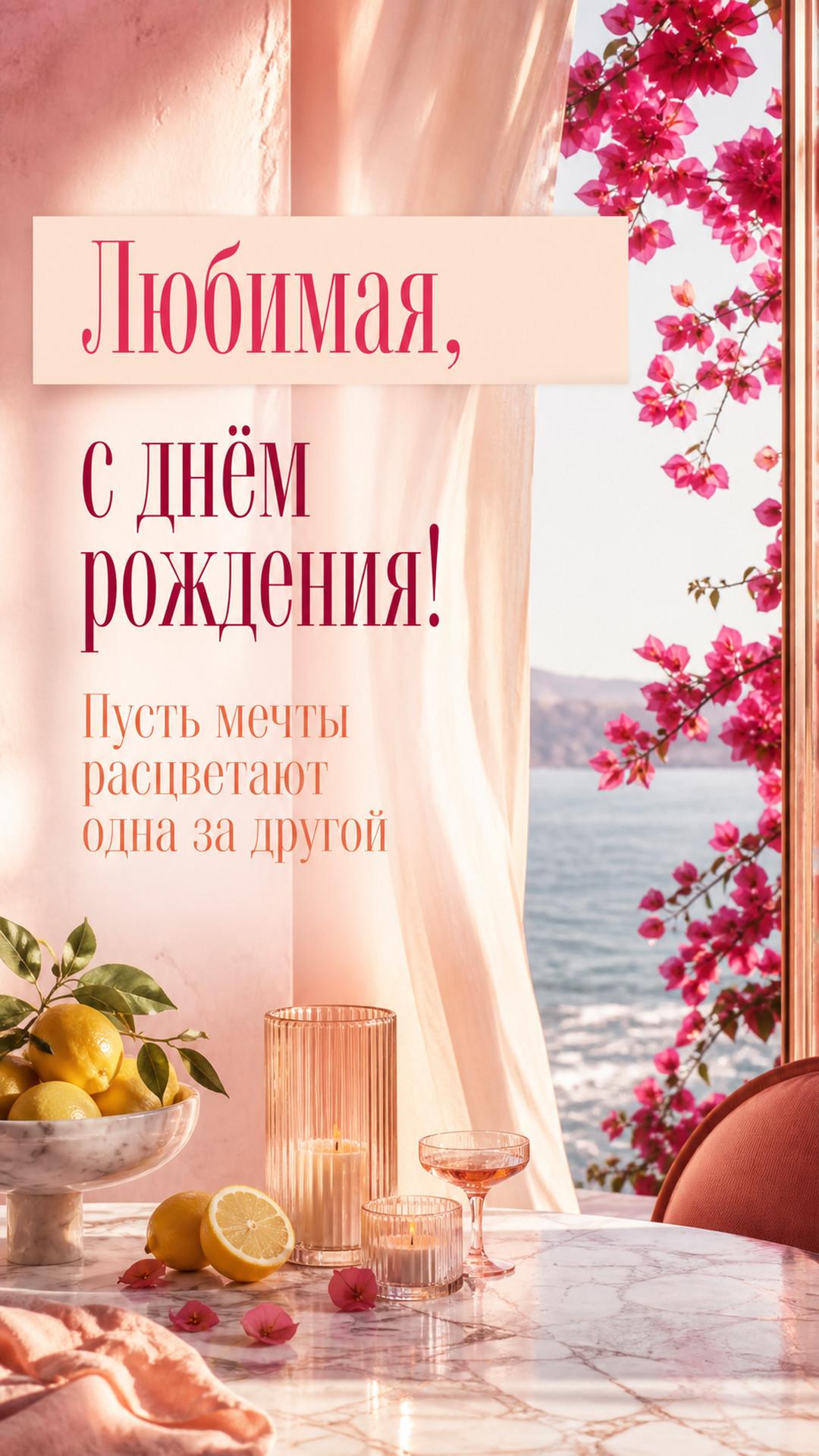Открытка «Любимая, с днём рождения!»: мраморный стол, лимоны, свечи и современный средиземноморский праздник, новая композиция с изменённой глубиной и ракурсом. Надпись: «Пусть мечты расцветают одна за другой».