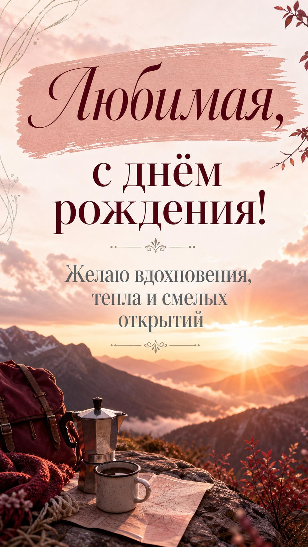 Открытка «Любимая, с днём рождения!»: золотой рассвет над горами и лаконичный походный натюрморт, новая композиция с изменённой глубиной и ракурсом. Надпись: «Желаю вдохновения, тепла и смелых открытий».