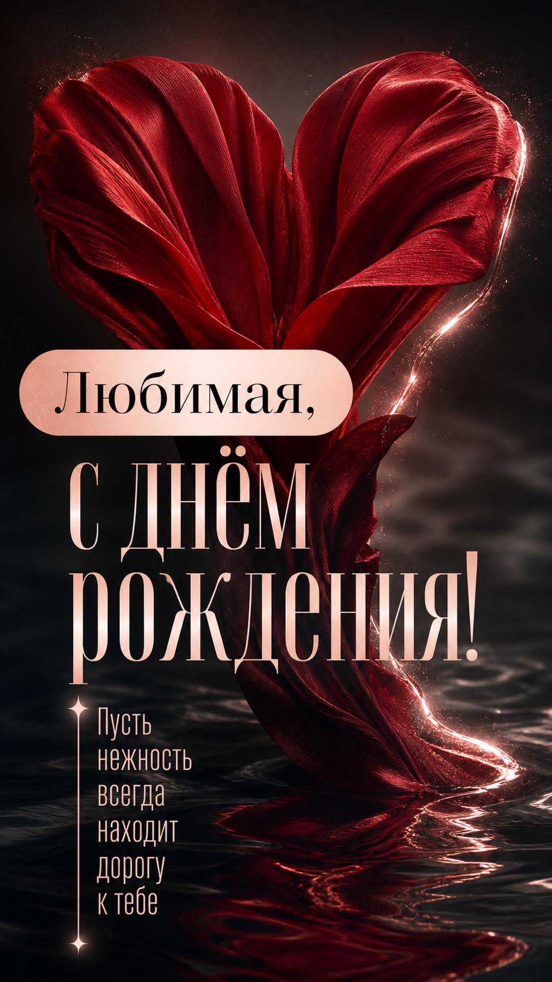 Открытка «Любимая, с днём рождения!»: огромный цветок из красной ткани раскрывается в форме абстрактного сердца над тёмной водой, кинематографичный свет. Надпись: «Пусть нежность всегда находит дорогу к тебе».