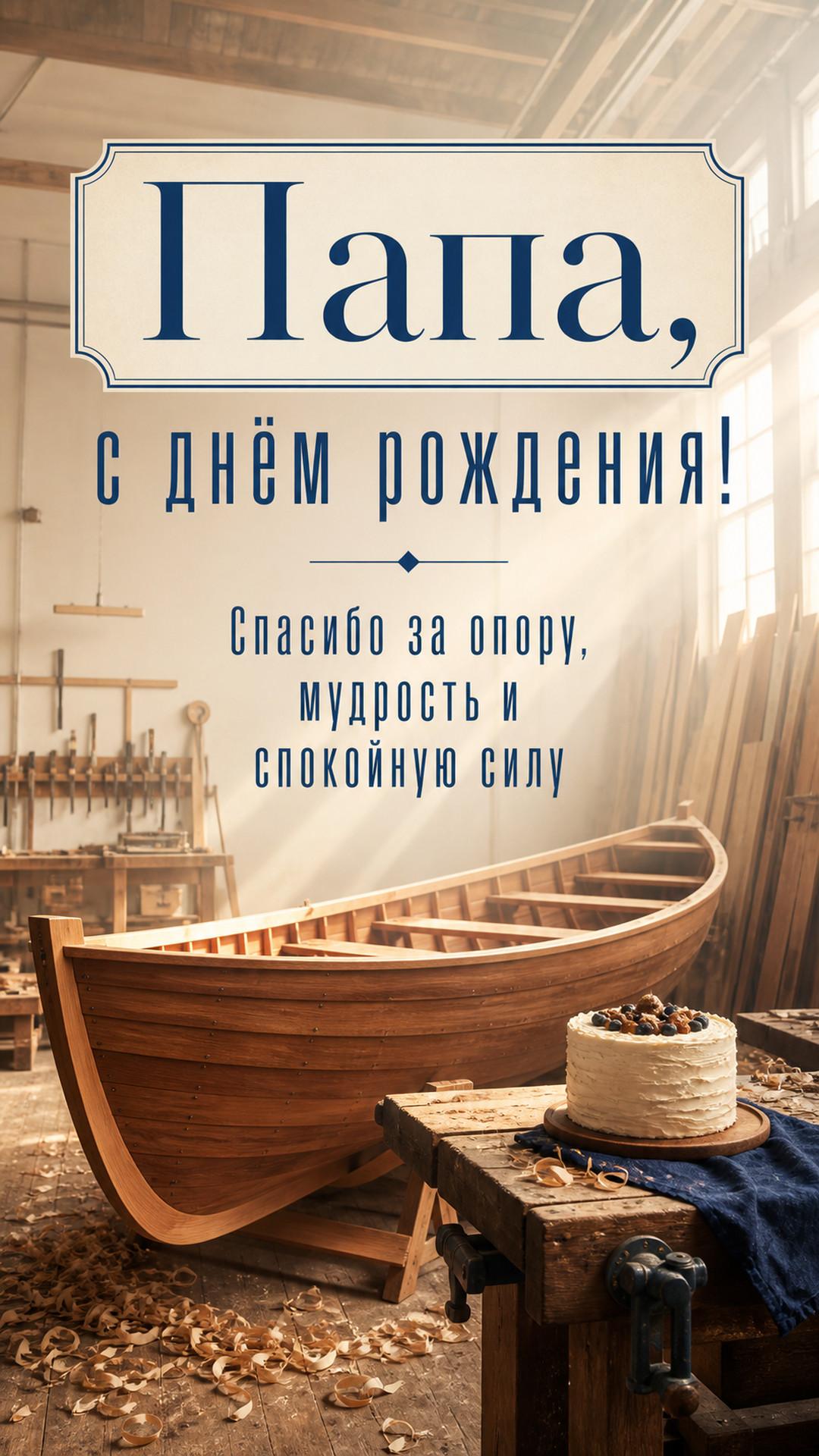 Открытка «Папа, с днём рождения!»: светлая столярная мастерская и почти готовая деревянная лодка, луч солнца, стружка и маленький торт на верстаке. Надпись: «Спасибо за опору, мудрость и спокойную силу».