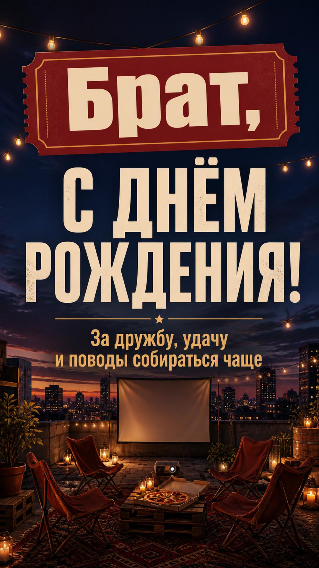 Открытка «Брат, с днём рождения!»: вечер на городской крыше: пицца, проектор без изображения, гирлянды и четыре пустых кресла, тёплый ветер. Надпись: «За дружбу, удачу и поводы собираться чаще».