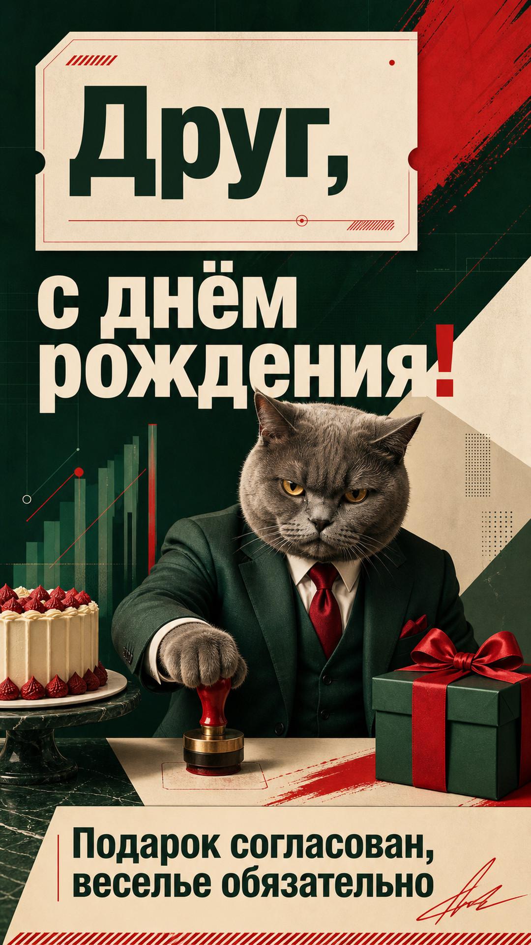 Открытка «Друг, с днём рождения!»: очень серьёзный кот в современном деловом костюме ставит штамп без надписи рядом с тортом и подарком, чистый добрый абсурд. Надпись: «Подарок согласован, веселье обязательно».