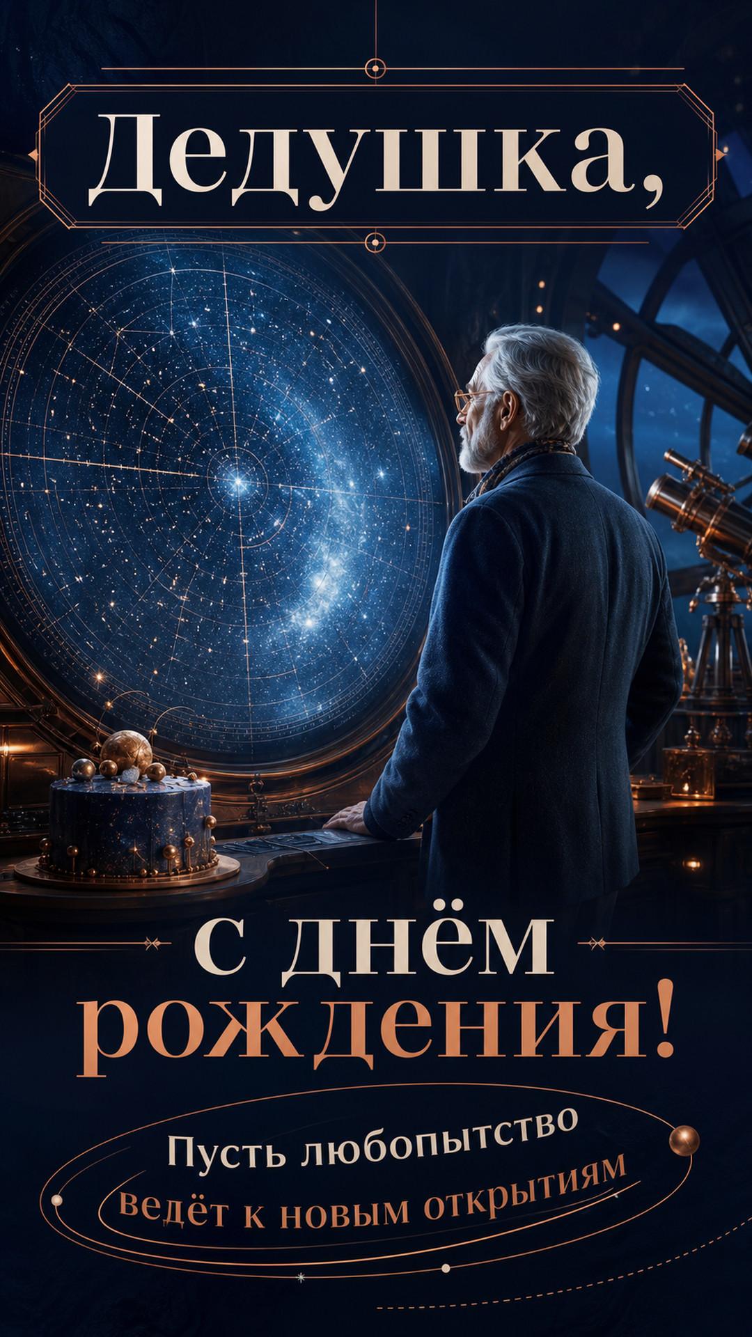 Открытка «Дедушка, с днём рождения!»: элегантный седовласый путешественник в современной обсерватории рассматривает огромную светящуюся карту звёзд без надписей, торт рядом. Надпись: «Пусть любопытство ведёт к новым открытиям».