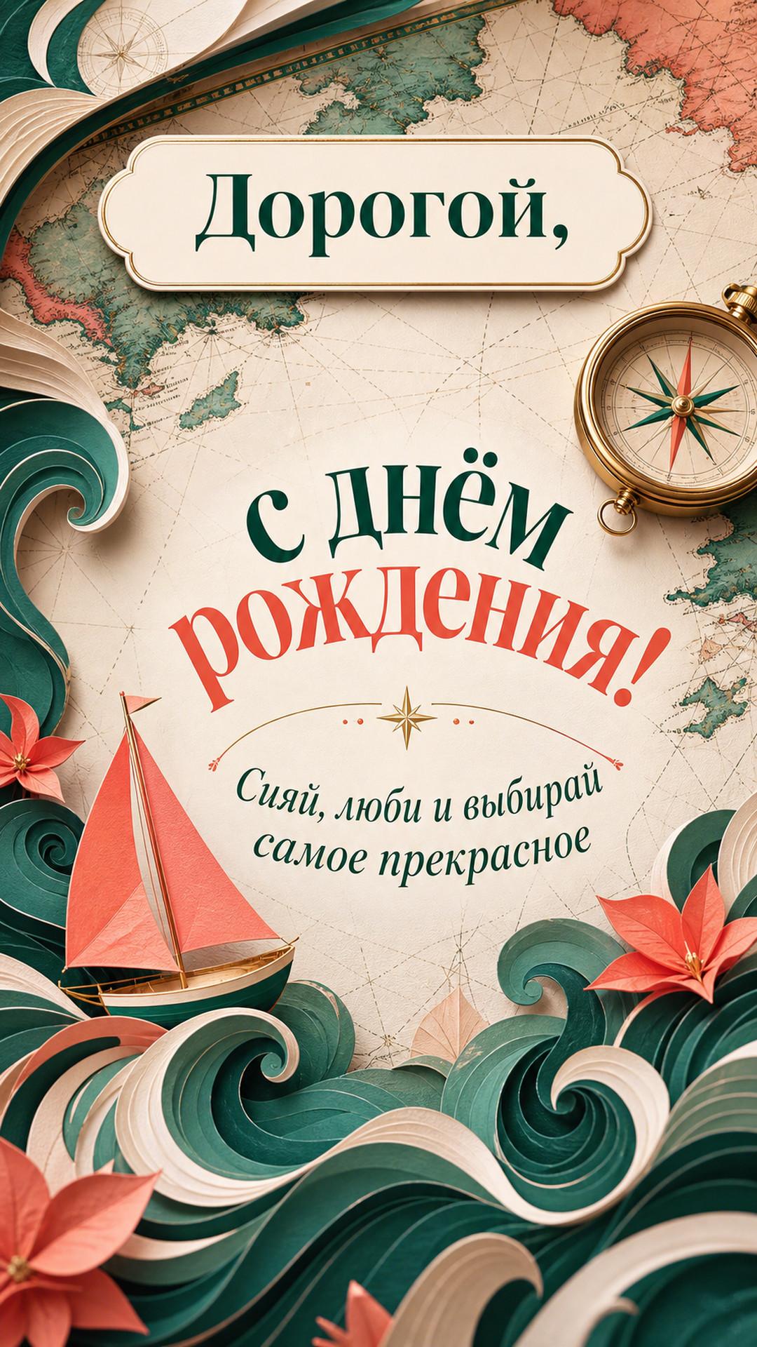 Открытка «Дорогой, с днём рождения!»: морская навигационная карта, компас и объёмные бумажные волны. Надпись: «Сияй, люби и выбирай самое прекрасное».