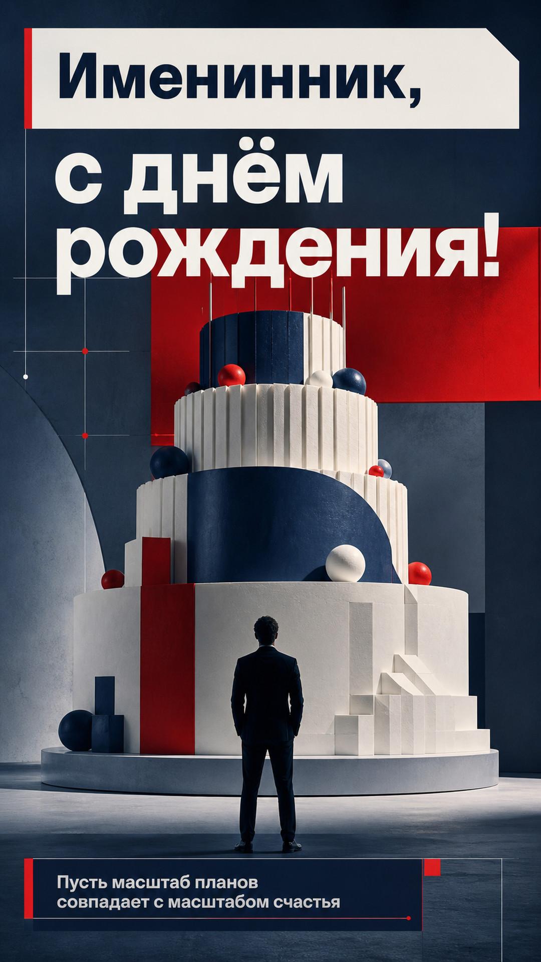 Открытка «Именинник, с днём рождения!»: мужской силуэт со спины стоит перед монументальным тортом как перед современной архитектурой, чистая студия и драматичный свет. Надпись: «Пусть масштаб планов совпадает с масштабом счастья».