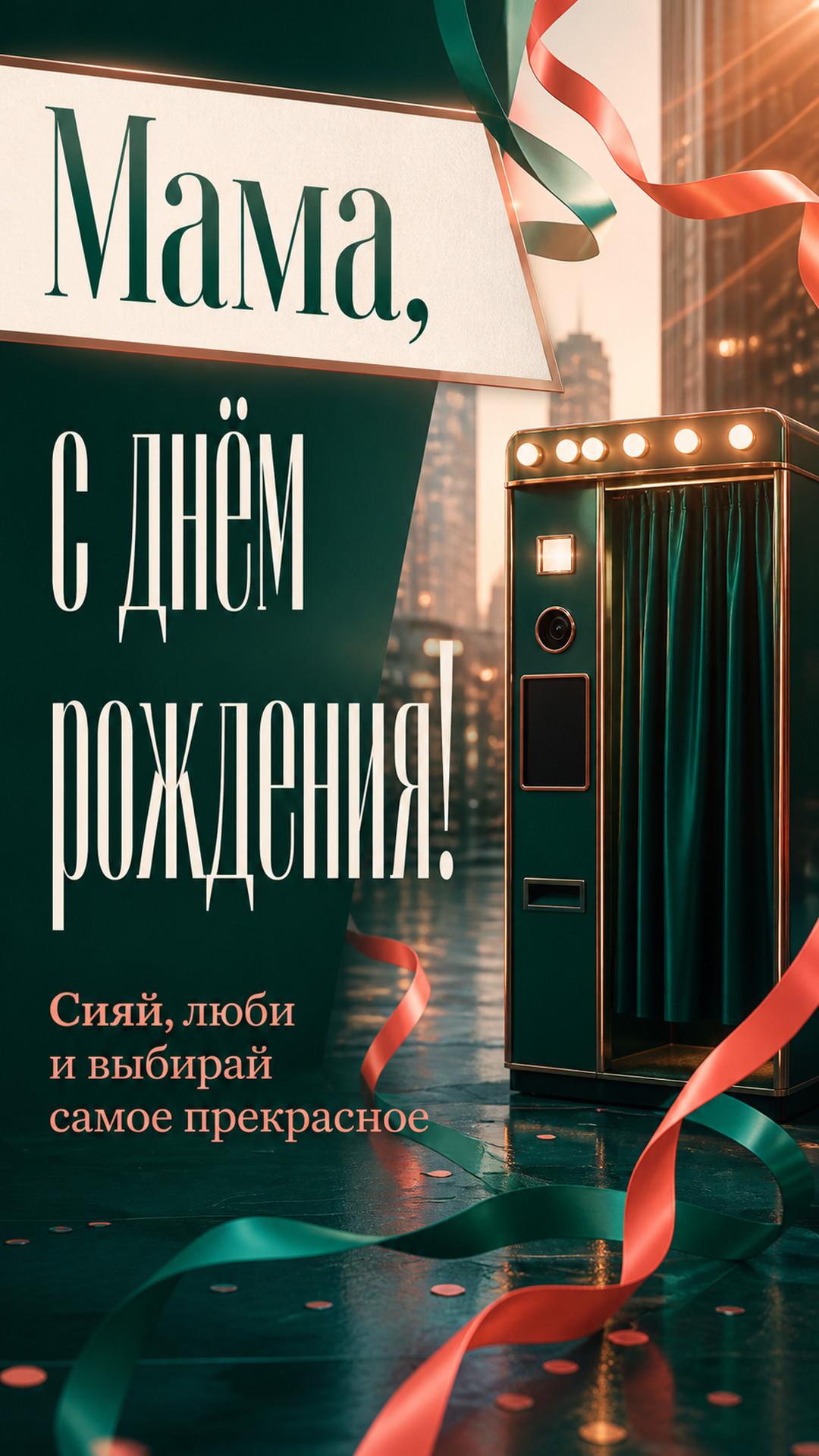 Открытка «Мама, с днём рождения!»: воздушные ленты, фотобудка без фотографий и радостный городской свет. Надпись: «Сияй, люби и выбирай самое прекрасное».