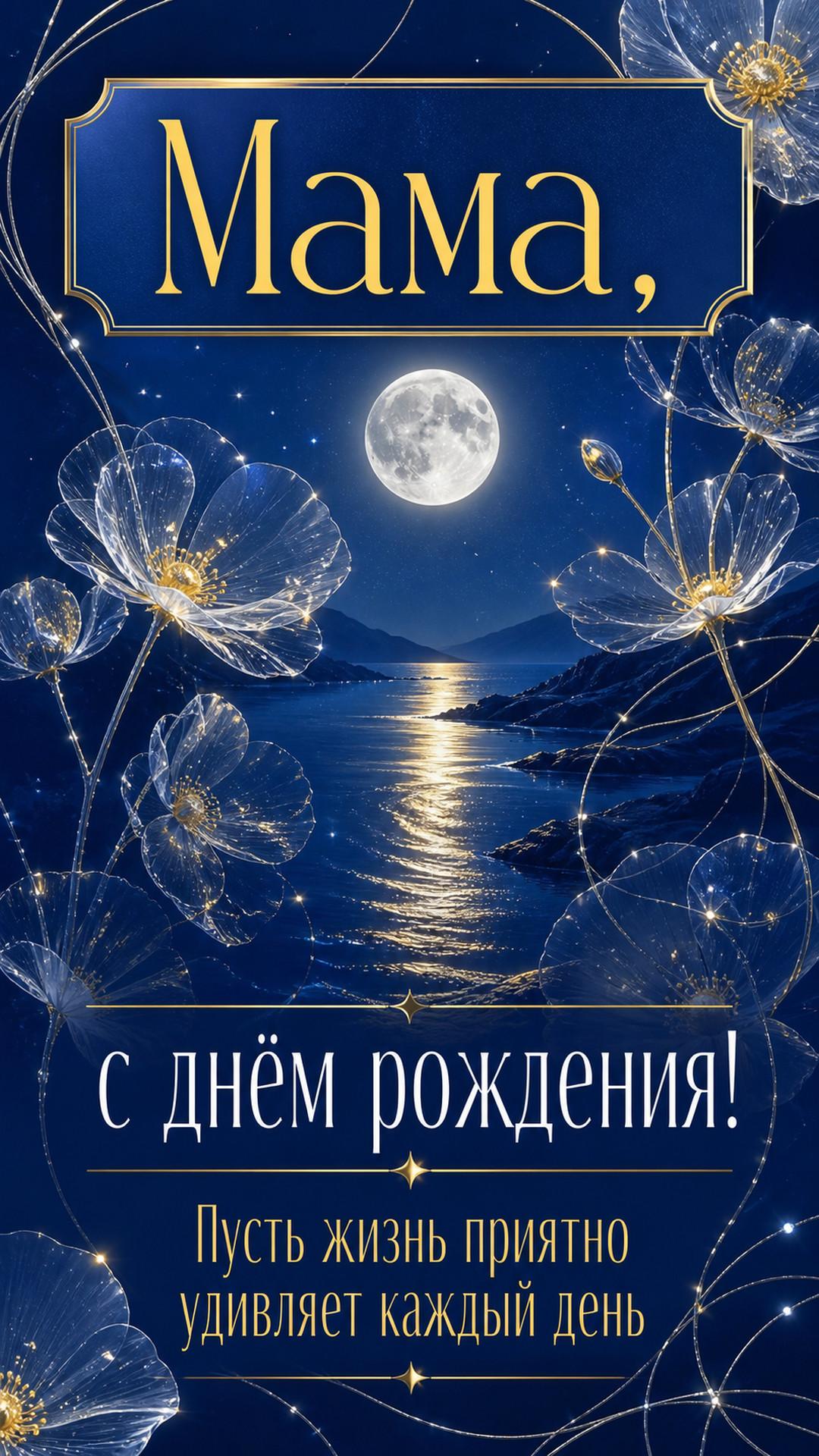 Открытка «Мама, с днём рождения!»: лунная дорожка, прозрачные цветы и тонкие серебряные нити. Надпись: «Пусть жизнь приятно удивляет каждый день».