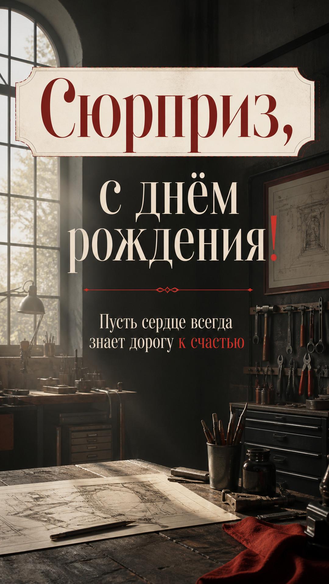Открытка «Сюрприз, с днём рождения!»: просторная мастерская, инструменты и луч утреннего света, новая композиция с изменённой глубиной и ракурсом. Надпись: «Пусть сердце всегда знает дорогу к счастью».